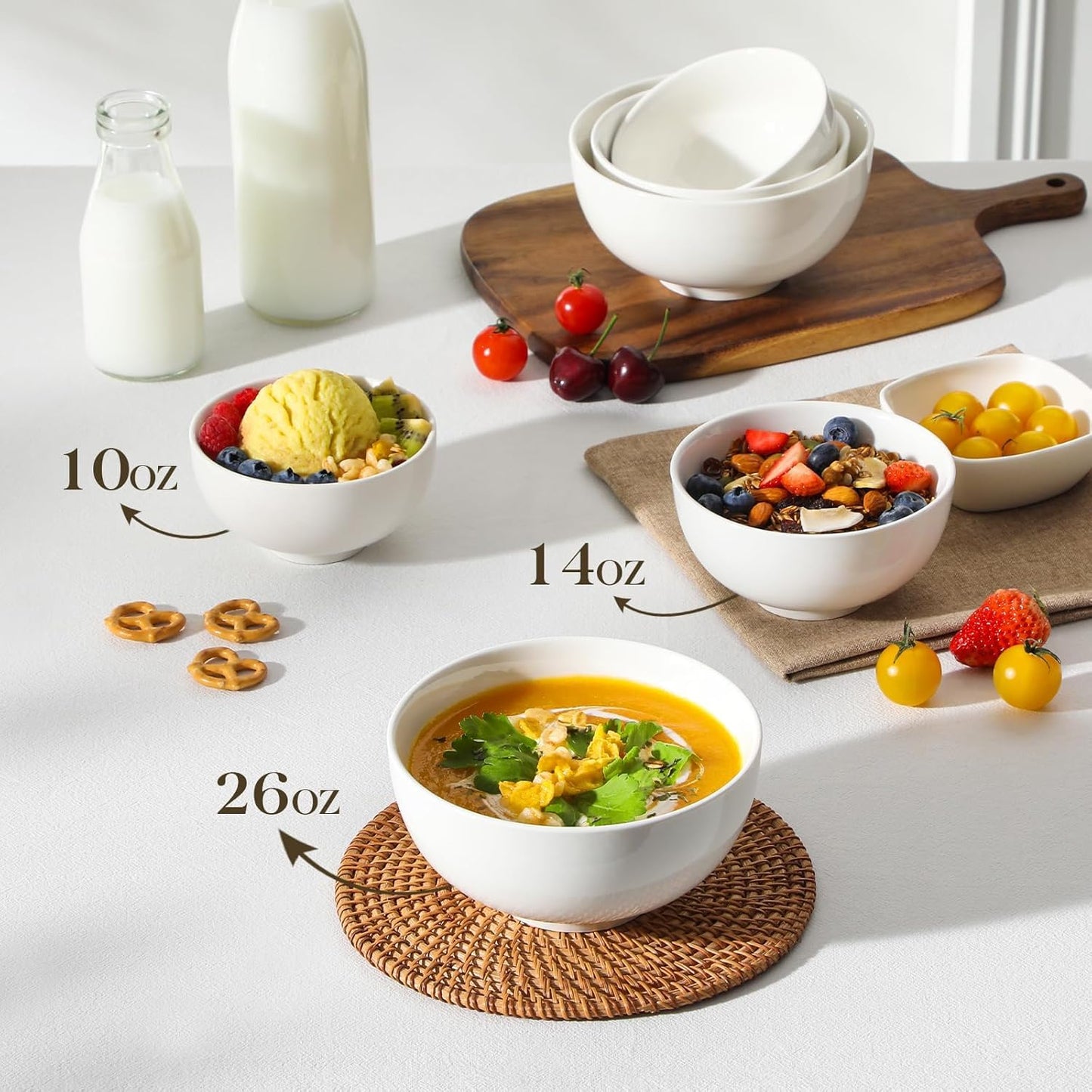 MALACASA 26 oz Porcelain Soup Bowls, 6" Cereal Bowls - White Bowls Set of 4 for Soup, Cereal, Oatmeal, Fruit, Rice - Dishwasher & Microwave Safe, Series Regular