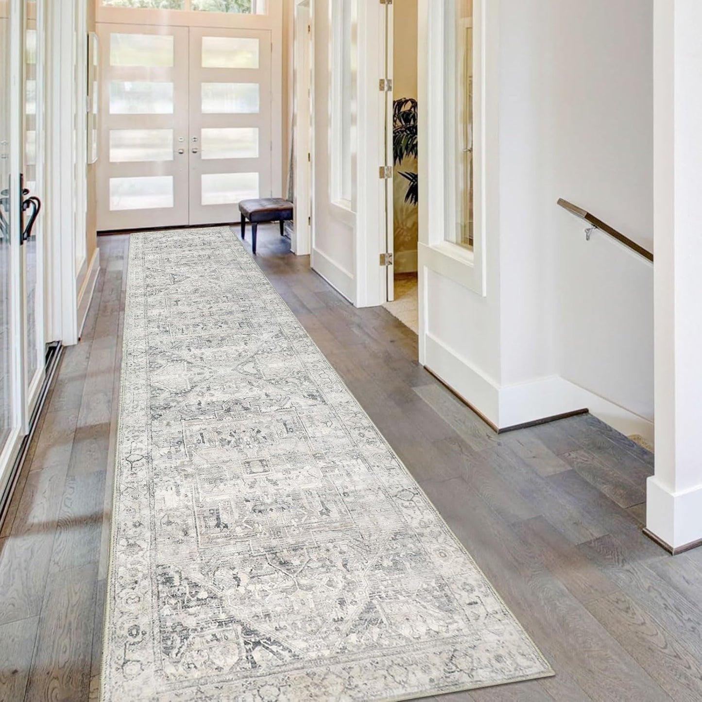 Homcomoda Hallway Runner Rug 2'x10' Washable Runner Rug Non Slip Long Runner Rugs for Hallway Boho Kitchen Runner Rug Distressed Carpet Runner for Hallway Entryway Bedroom, Grey/Beige