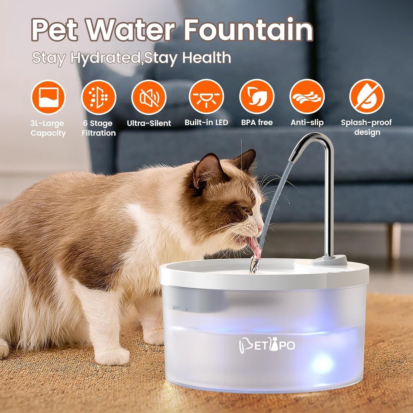 Cat Water Fountain, 3L/100oz Super Silent Pet Water Fountains for Cats Dogs Indoor, Cat Fountain with Water Alert Light, Kitty Spout Cat Drinking Fountain, BPA-Free, Easy Clean (White)