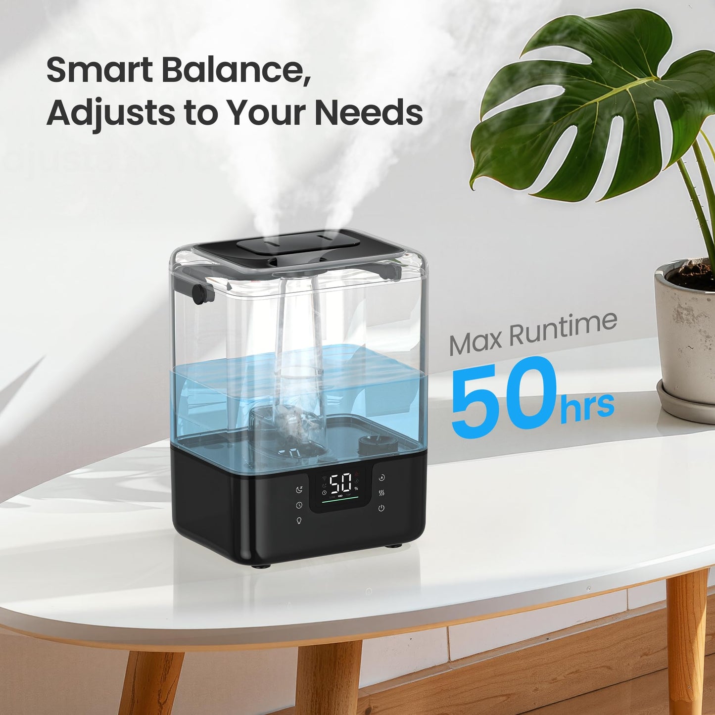 MERONTE 6L Smart Humidifiers for Bedroom Home, 360° Adjustable Nozzle, Timer, Auto Shut Off, Touch/APP/Voice Control, 7-Color Night Light, Top Fill Essential Oil Diffuser for Baby & Plant, Black 1Pack