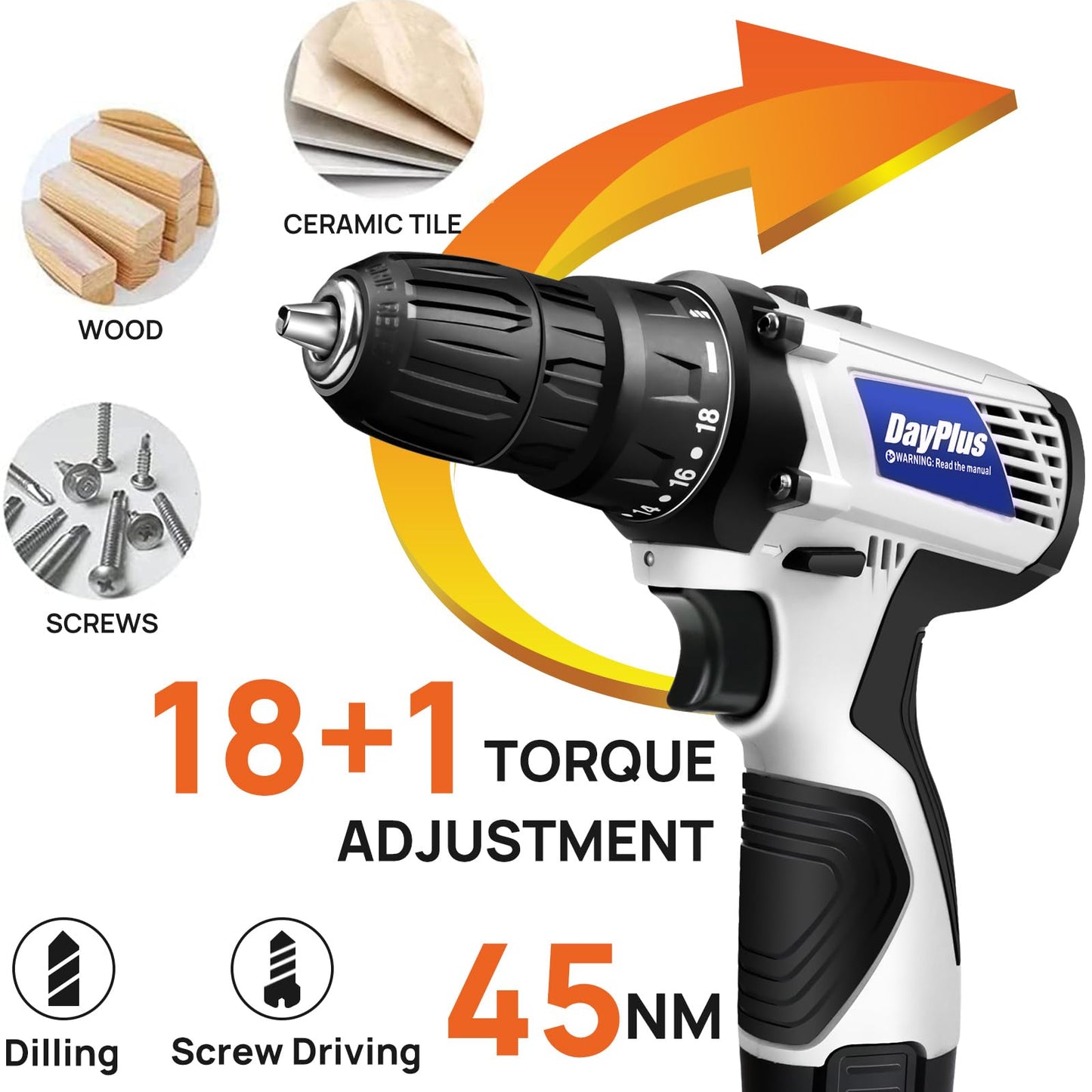 16.8v Cordless Power Drill Combi Driver Electric Screwdriver Tools Kit,2 Variable Speed 18+1 Torque Setting,23pcs Drill/Driver Bits，2 Powerful Battery