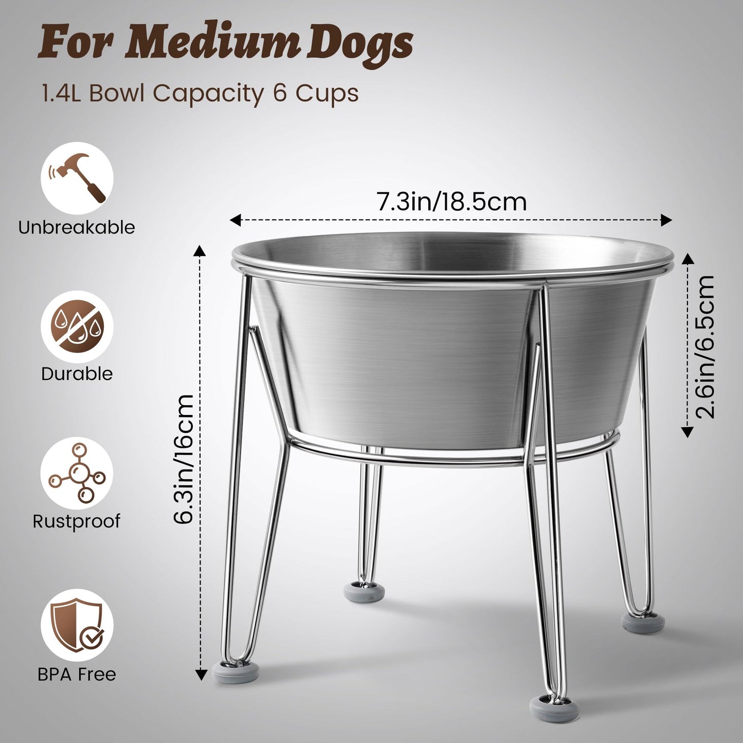 Wellbro Elevated Dog Bowls for Medium&Small Dogs - Stainless Steel 48oz/6 Cups Raised Feeder with Non-Slip Base, Dual Food & Water Bowls 2-Pack