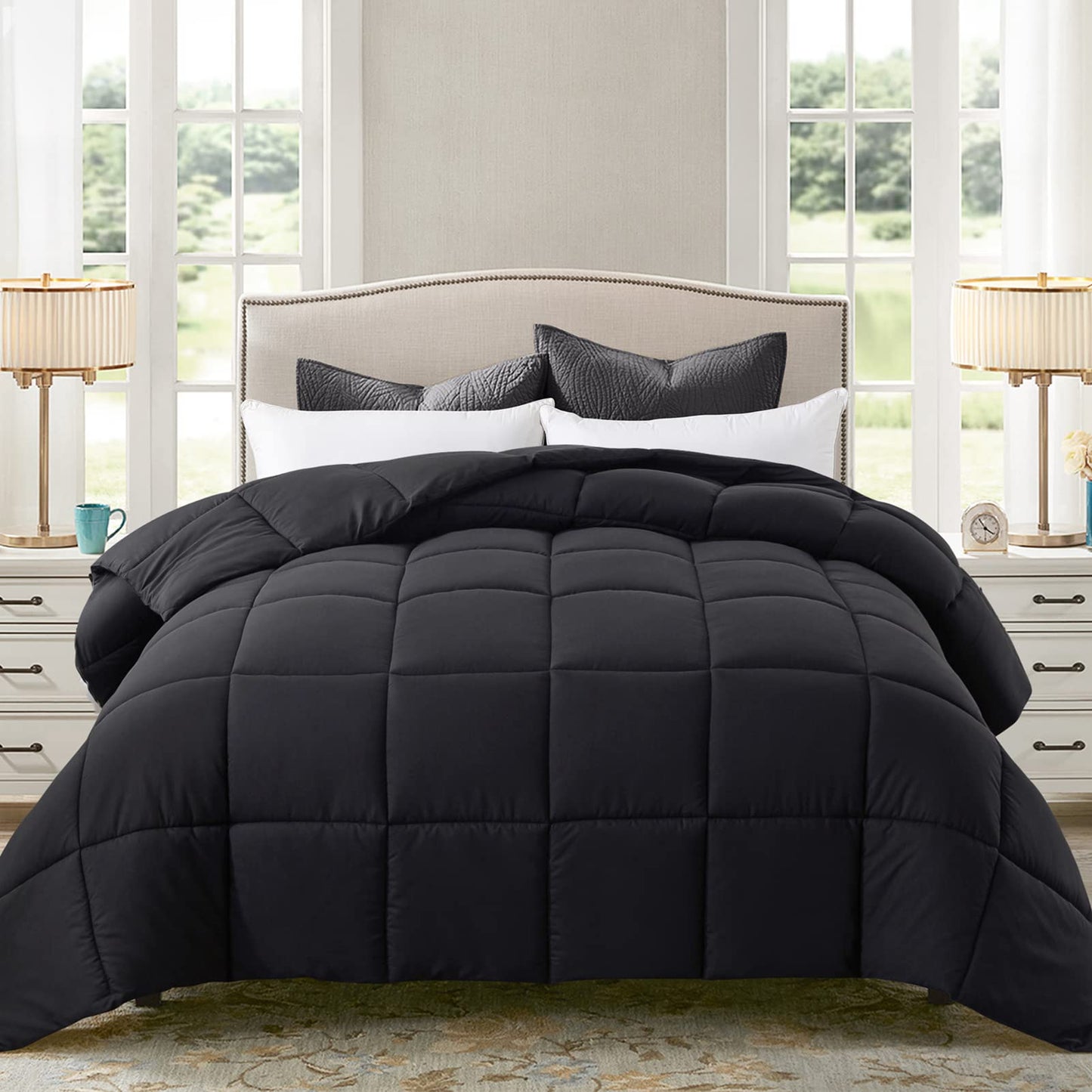 ELNIDO QUEEN All-Season Black Down Alternative Quilted Comforter- Corner Duvet Tabs-Machine Washable-Duvet Insert or Stand-Alone Lightweight Comforter-Queen Size(88×92 Inch)