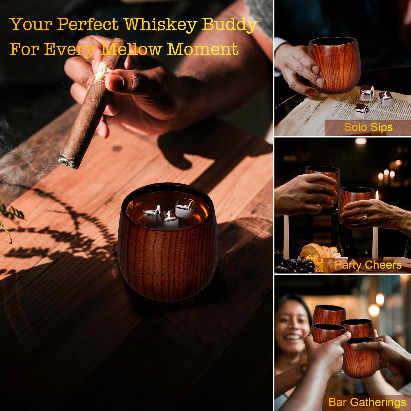 Tinnberlohas Charred Wooden Whiskey Glass Set of 2 – Durable Bourbon Tumbler for Men, Insulated Old Fashioned Glass – Whiskey Gifts for Husband, Dad, Brother – Birthday, Christmas, Father's Day