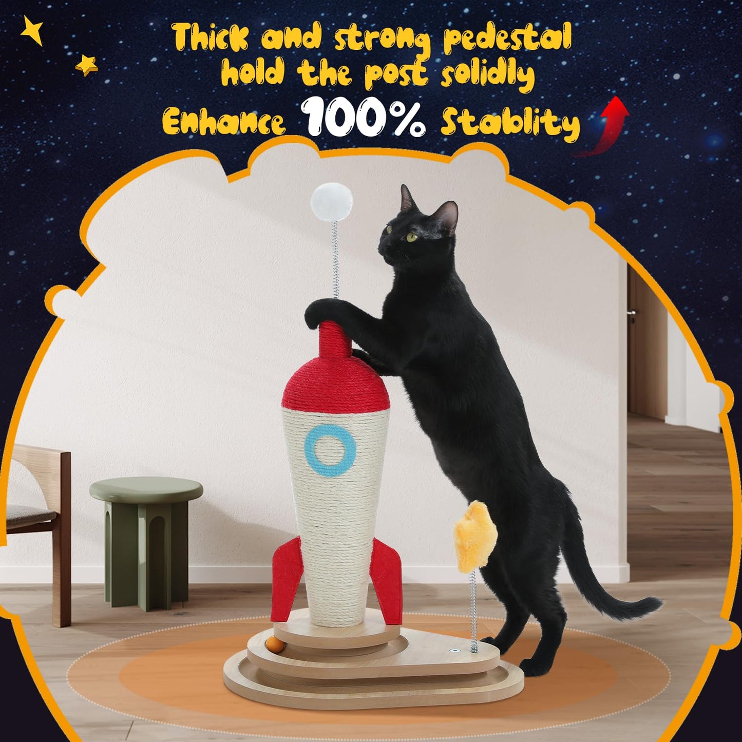 PEQULTI Rocket Design Cat Scratching Post, 24.8 Inches, Great Cat Scratching Structure for Indoor Cats with Cat Toy, Blue & White