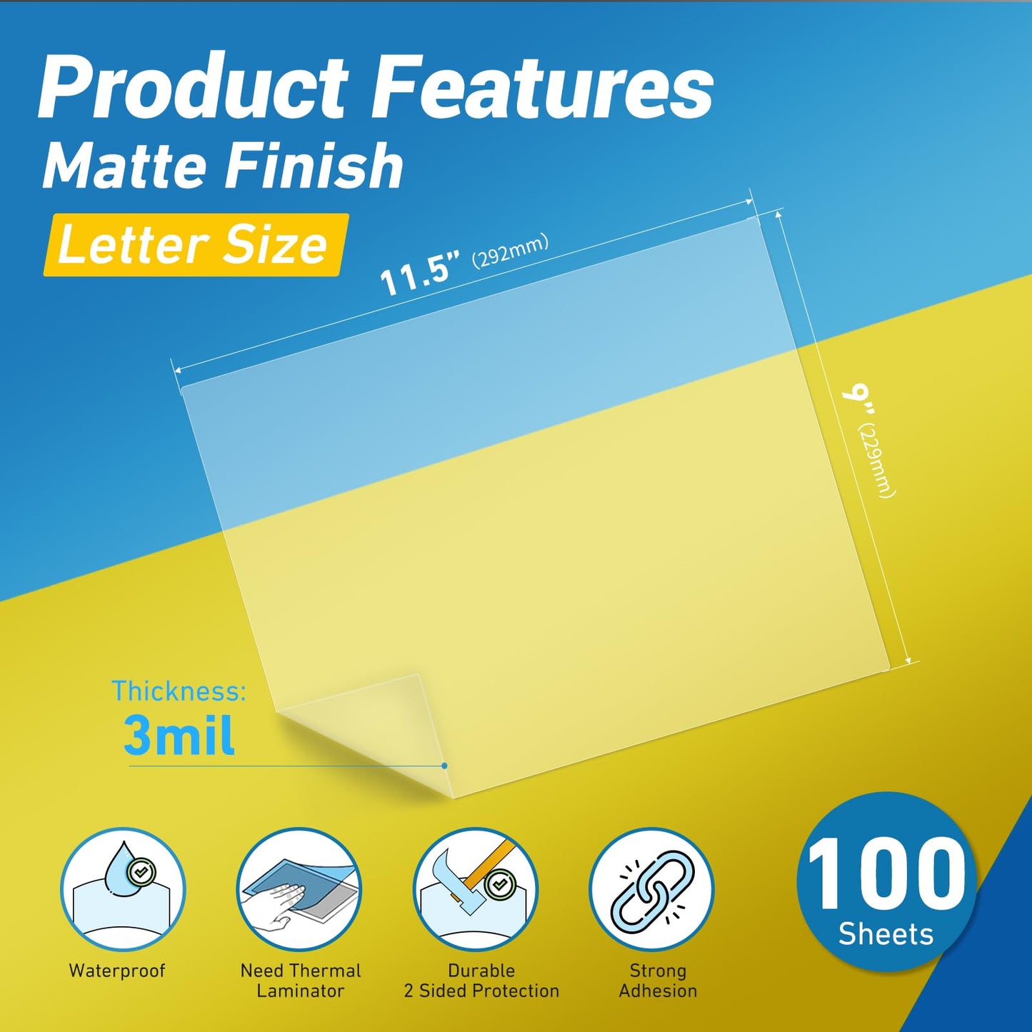 Uinkit Matte Laminating Sheets, 9 x 11.5 Inches 3 Mil Thick Matte Finish 100 Pack Fitted for Letter Size Thermal Laminating Pouches 8.5 x 11