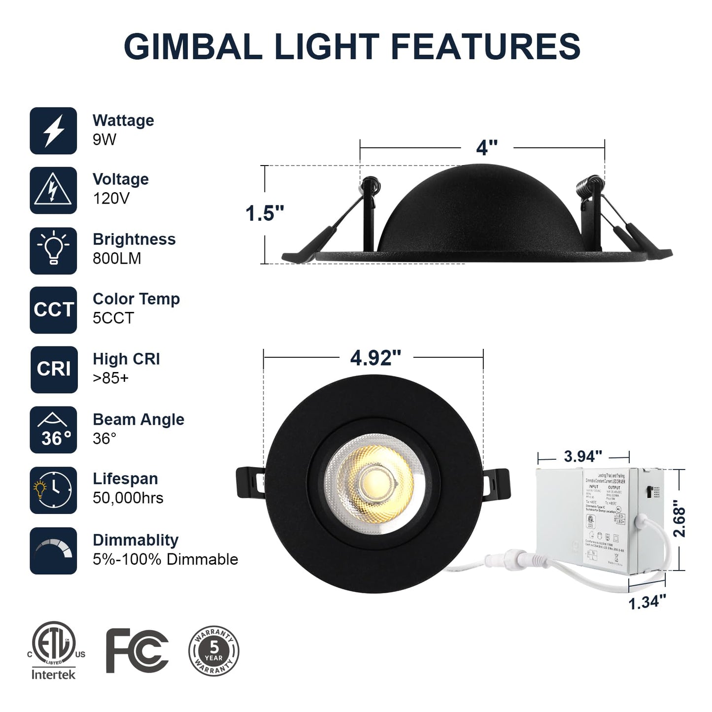 4 Pack Black LULIT 4-inch 5 CCT Gimbal LED Recessed/Downlight Color Selectable 2700K/3000K/3500K/4000K/5000K 800Lm 9W 120V Dimness Adjustable LED Lights