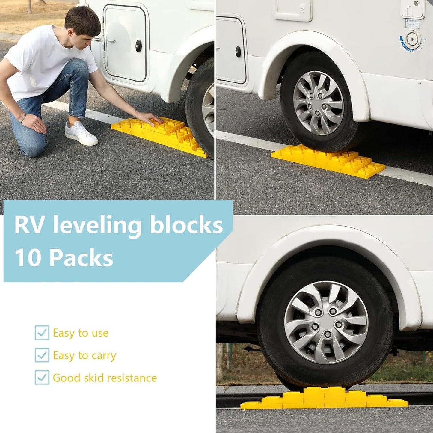 Homeon Wheels Camper Leveling Blocks Ideal for Leveling Single and Dual Wheels Heavy Duty Rv Leveling Blocks and Chocks Anti-Slip Pads Design Camper Levelers 10 Pack with Carrying Bag Yellow
