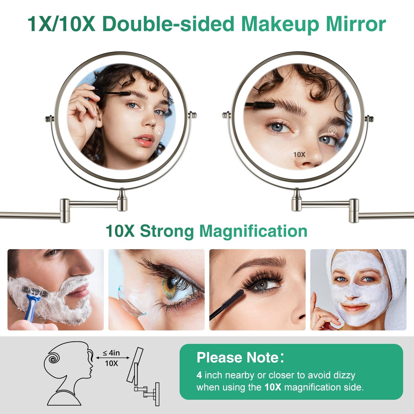 GREENFROM Rechargeable Wall Mounted Makeup Mirror Brushed Nickel, 8.5'' Magnifying Mirror with Lights Double-Sided 1X/10X 360° Rotation Extension Bathroom Shaving Mirror with Foldable Arm