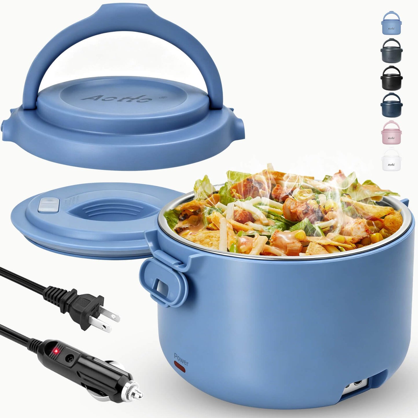 Aotto Electric Lunch Box, 12V 24V 110V 3 in 1 Portable Food Warmer Heated Lunch Boxes for Adults, 32oz Leakproof, Lunch Warmer & Food Heater for Travel, Car, Truck, Office Use - Blue