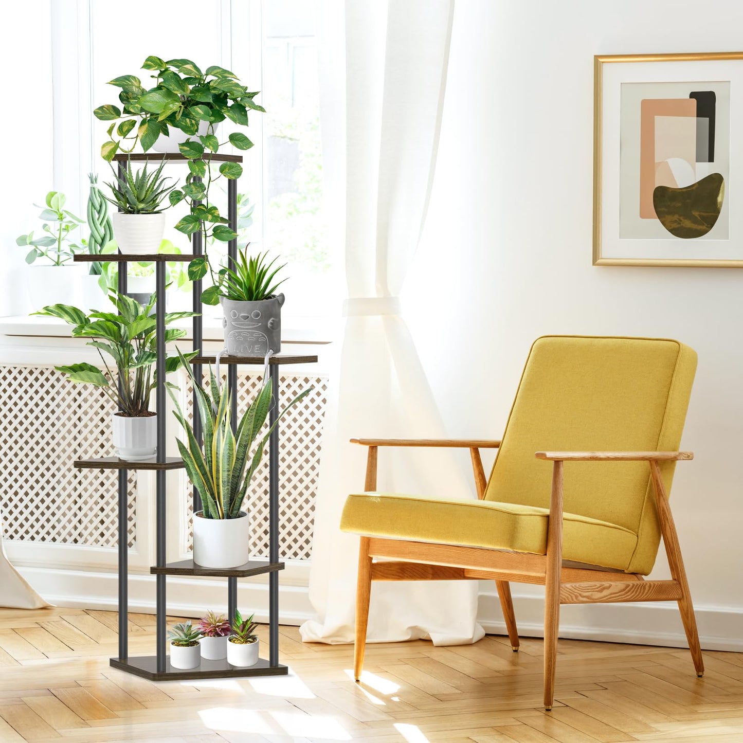 Oppro 6 Tier Plant Stands Indoor, Metal Wood Tiered Corner Plant Stand Pot Holder, Wood Flower Shelf Display Rack for Living Room Bedroom Outdoor Balcony Garden Patio, Oak