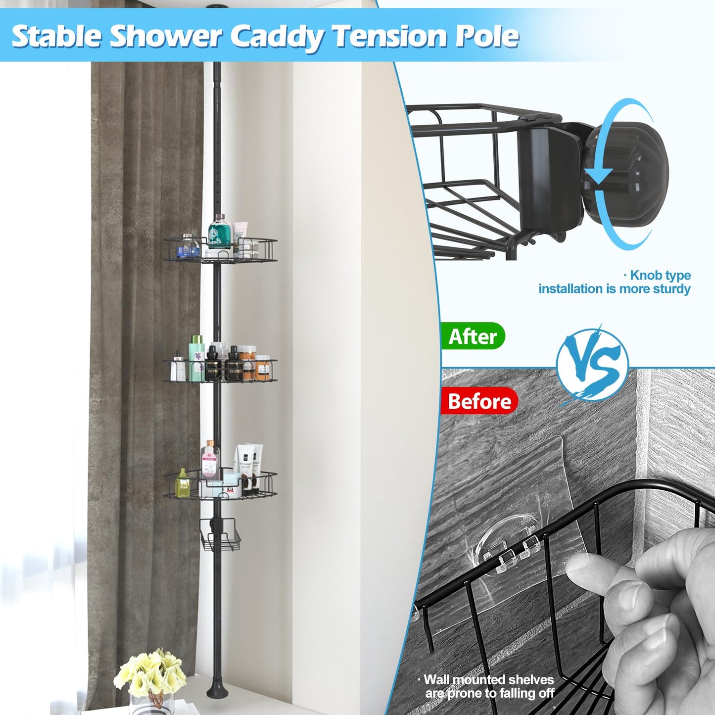 Corner Shower Caddy, Adjustable 4 Layer Shower Organizer, Tension Pole Extend from 39 to 125 Inch Shower Shelf for Inside Shower Black