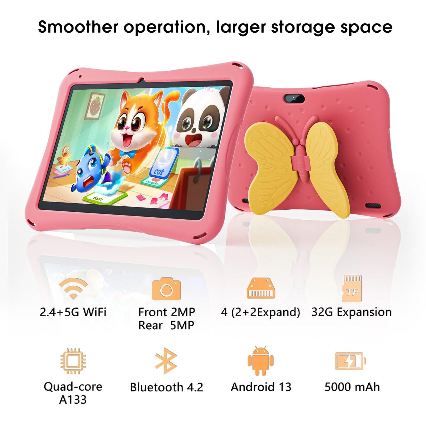 Android Tablet 10.1 inch,Tablet for Kids with Kids Case, 4(2+2) GB RAM 64GB ROM, 5000mAh, 1280 * 800 Display, Dual Camera, WiFi, Kidoz Pre Installed, Parental Control, Android 13, Pink