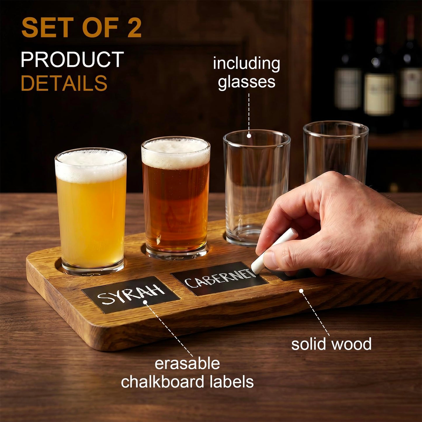 MyGift 4-Glass Dark Brown Wood Beer Flight Sampler Serving Tray with Chalkboard Labels, Set of 2