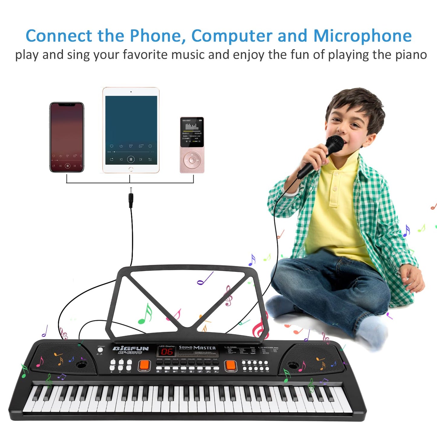M SANMERSEN Kids Piano, Keyboard Piano 61 Keys Pianos Keyboards with LED Display Microphone Dual Speakers AUX-in Jack Music Book Bracket Piano Toys for 3-12 Years Old Boys Girls