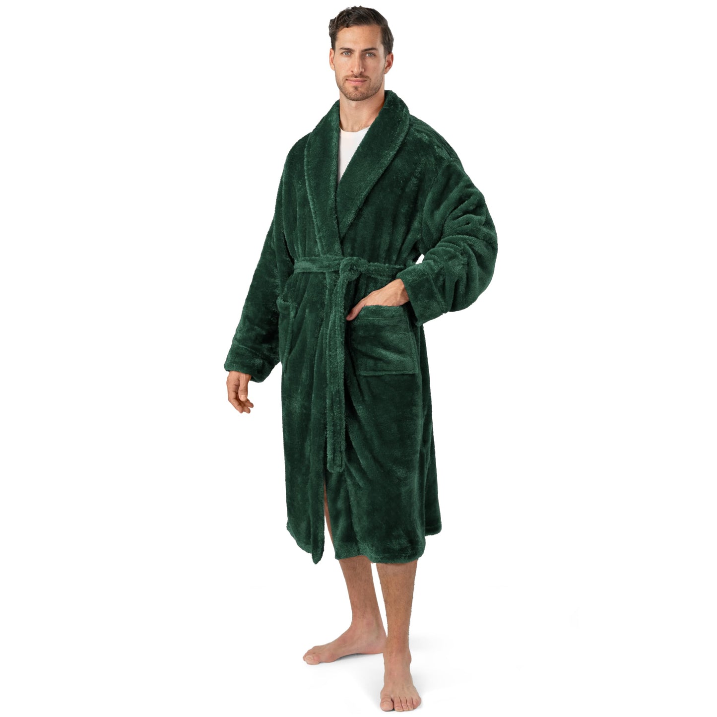 PAVILIA Mens Soft Robe, Plush Fluffy Fleece Bathrobe Men, Long Sherpa Shaggy Fuzzy Spa Bath Robe, Green, Small-Medium