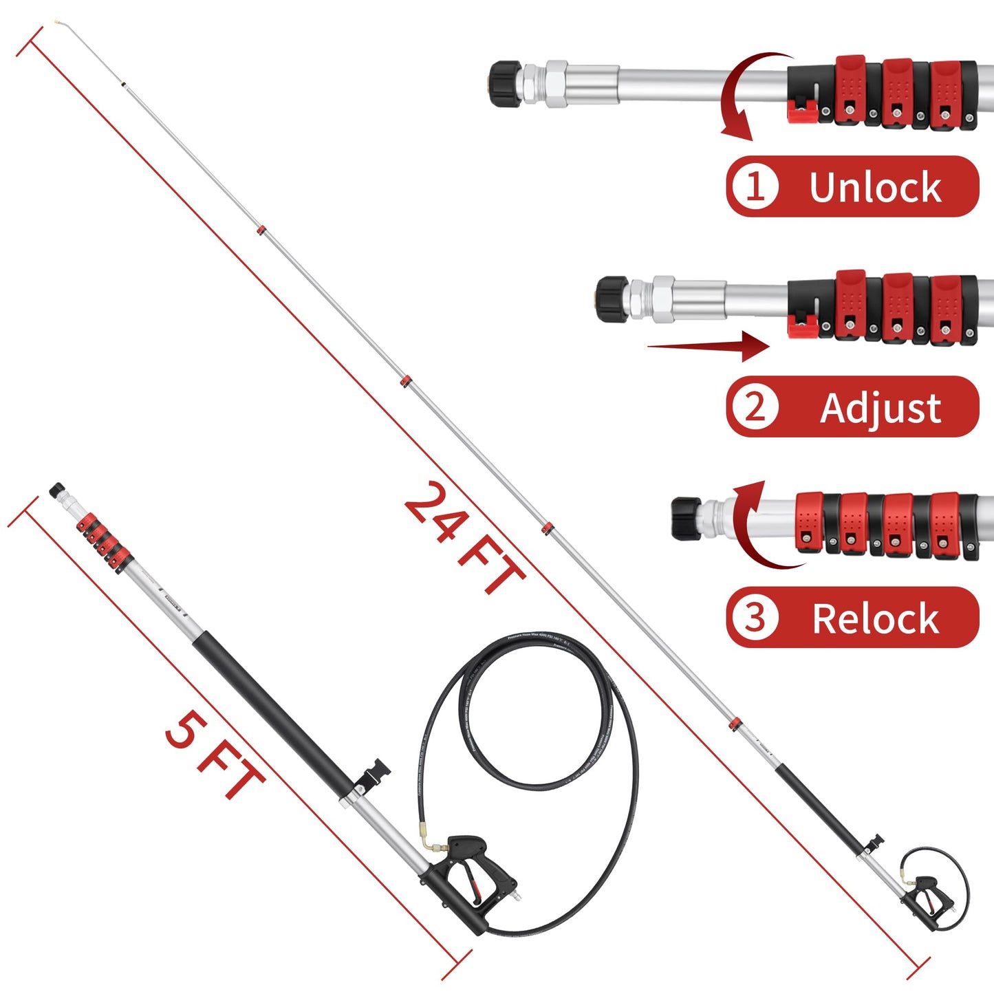 24 FT Telescoping Pressure Washer Wand - High Pressure Washer Wand Included Power Washer Extension Wands, Gutter Cleaner, Brush, Spray Nozzle Tips, Hose Adapters and Support Belt (24FT-HSE)