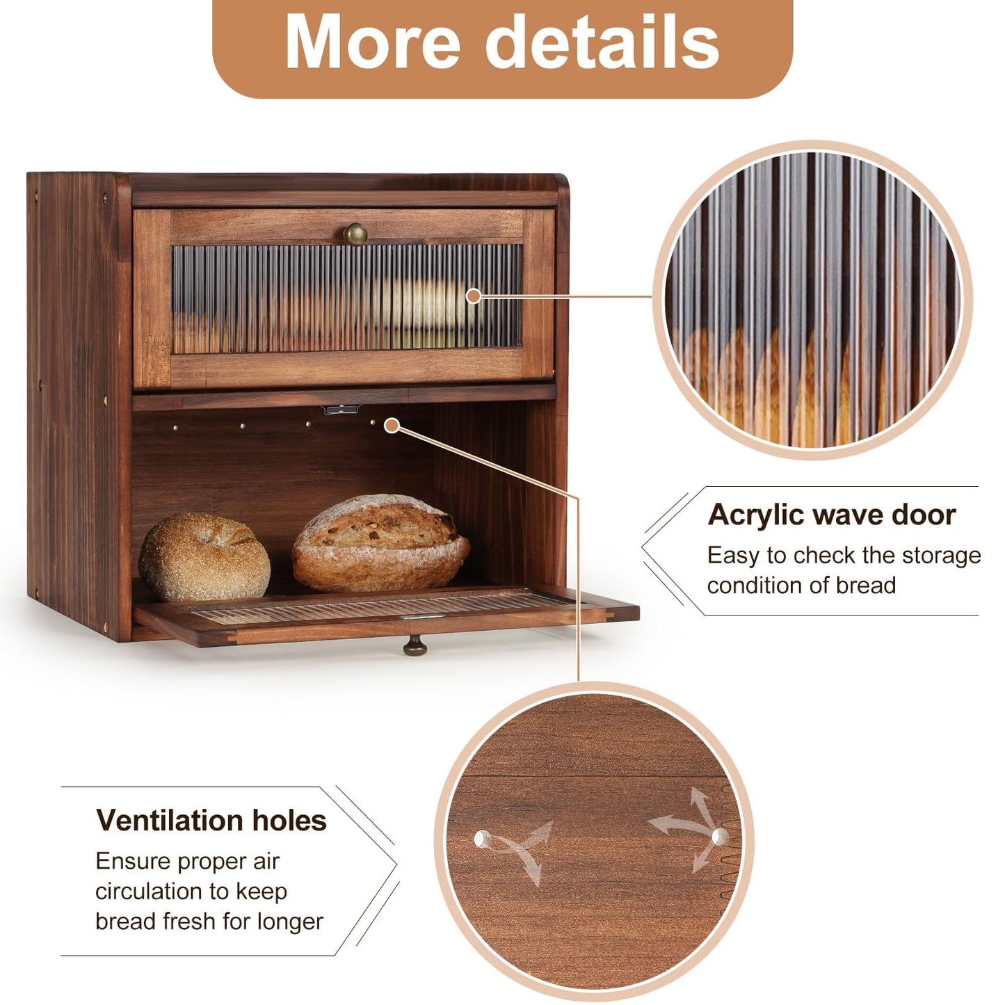Ciilee Baby Bread Box for Kitchen Counter Large Capacity Bread Storage Container Wooden Breadbox Bin 2 Layer Bread Keeper Farmhouse Food Holder with Acrylic Door Easy to Assemble Boite a Pain(Brown)