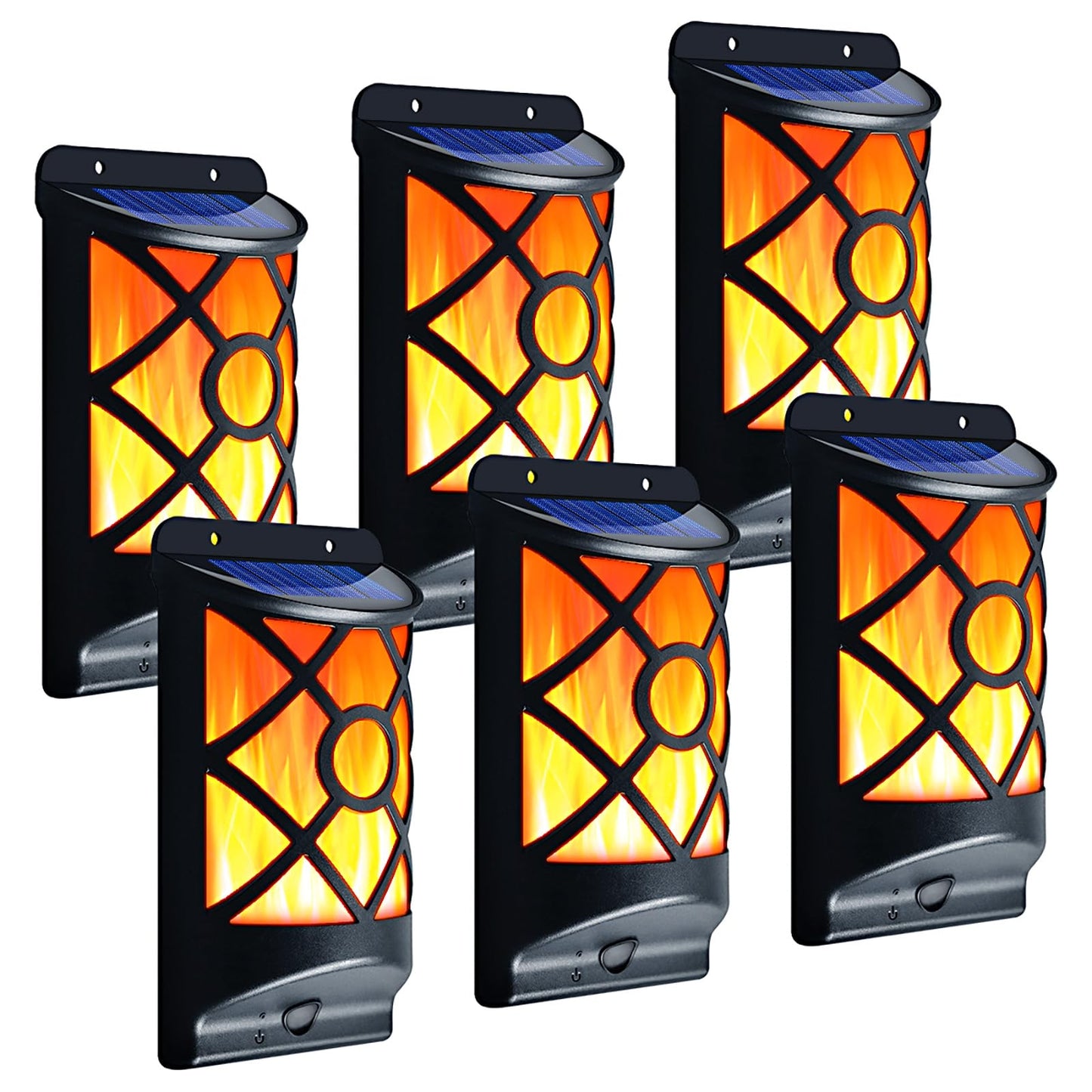 LazyBuddy Solar Wall Lights Outdoor - 66 LED Flickering Flame Wall Mount Lanterns, IP65 Waterproof Auto On/Off, Fire Effect Halloween Decoration Lighting for Garden, Fence, Patio, Deck (6 Pack)