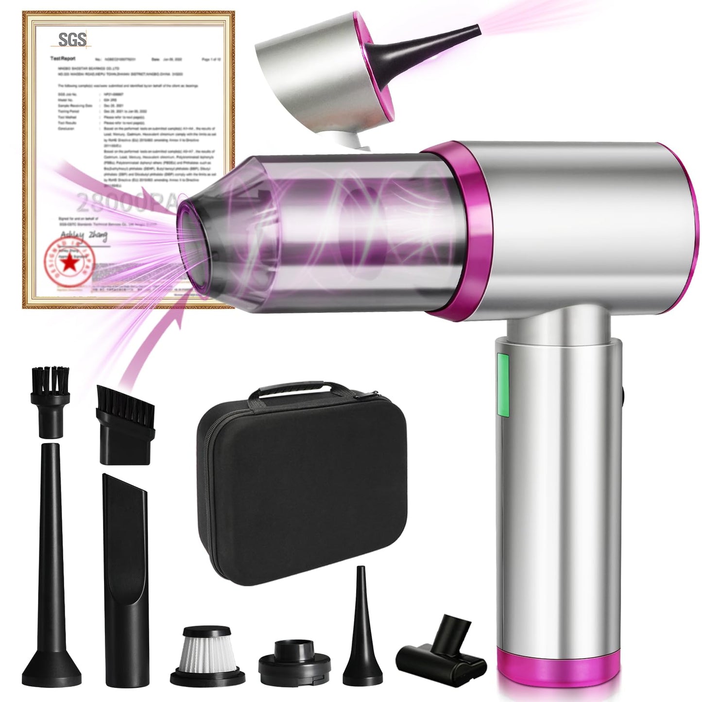 7-in-1 US-Designed Car Vacuum Cleaner【Powerful Brushless Motor | 28,000 Pa Suction】【5.0 Graphene Battery | Lasting Endurance】 Handheld Vacuum Cordless for Home, Office, and Pet Hair (Silver and Pink)