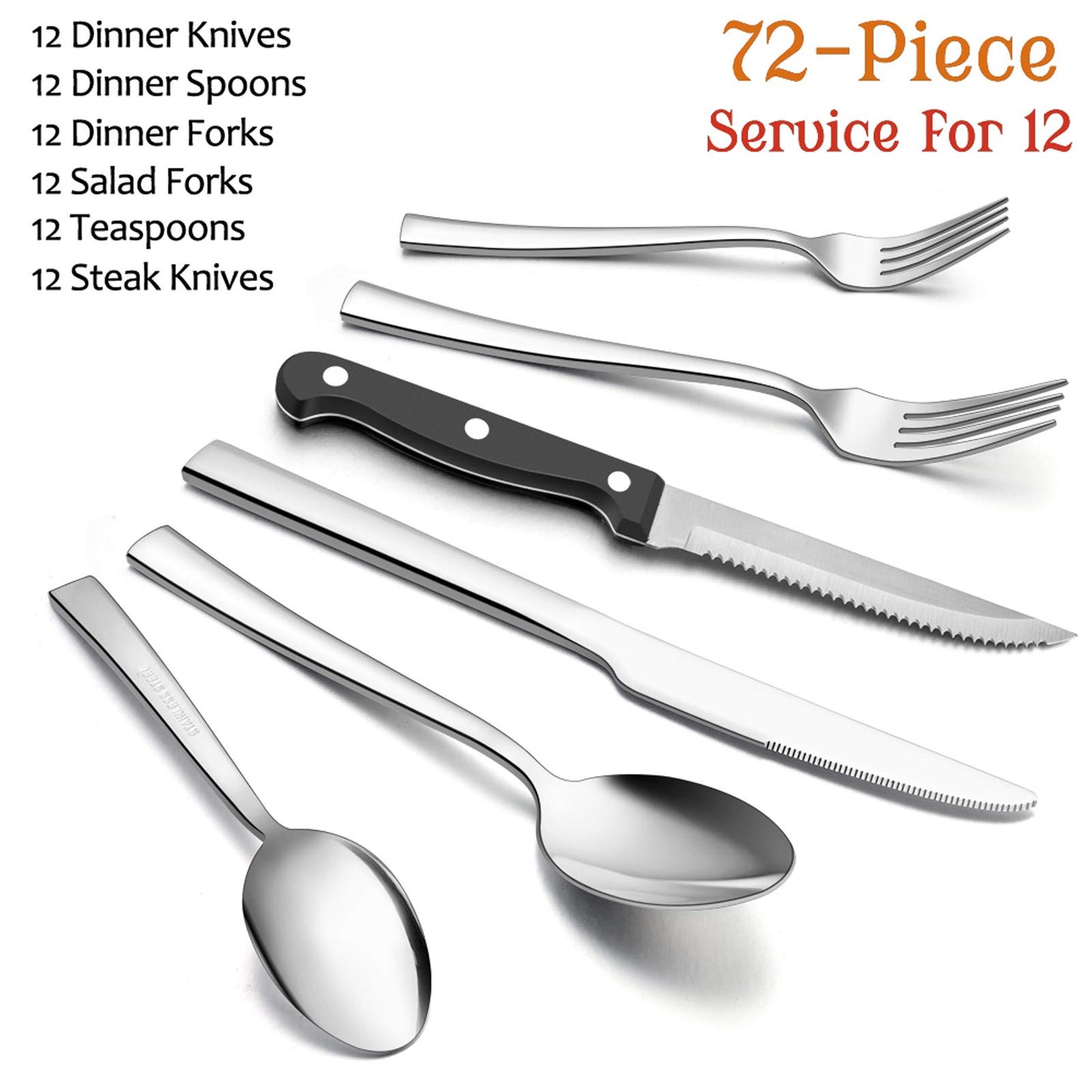 72-Piece Silverware Set with Steak Knives, E-far Stainless Steel Flatware Cutlery Set Service for 12, Modern Tableware Set Include Forks Spoons Knives, Square Edge & Mirror Polished - Dishwasher Safe