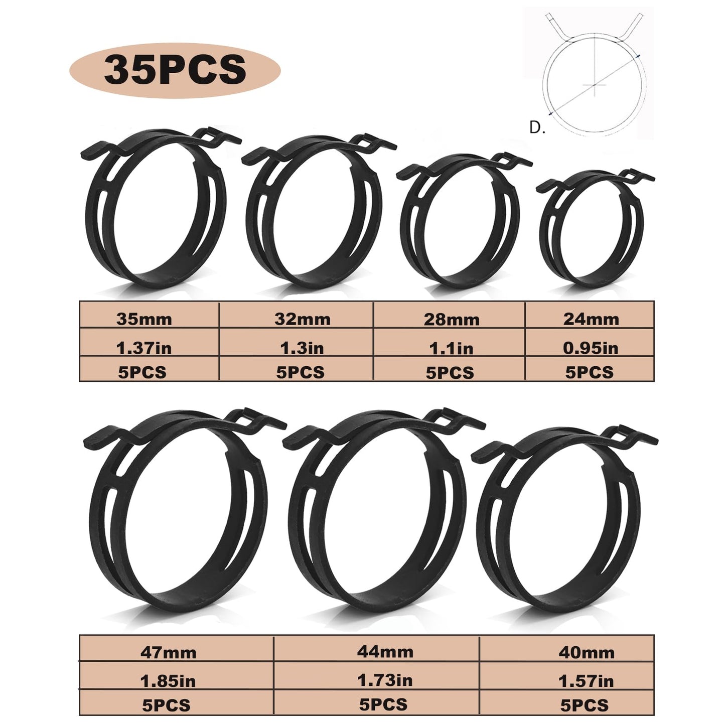 35Pcs 24-47mm Spring Band Hose Clamps with Swivel Flat Plier Assortment Kit, 7 Large Sizes Fuel Line Silicone Vacuum Tube Radiator Hose Black Steel Clamp,Low Pressure Air Clip,Water Pipe