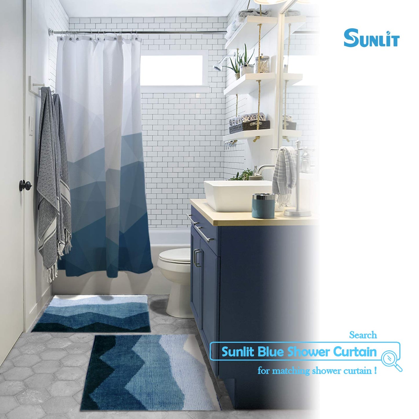 Sunlit 2 Pieces Bathroom Rugs Set, Ombre Blue Bathroom Rugs Non-Slip Absorbent Soft Bath Mat Set, Floor Mats Dry Fast Machine Washable (20"x30"&17"x24")