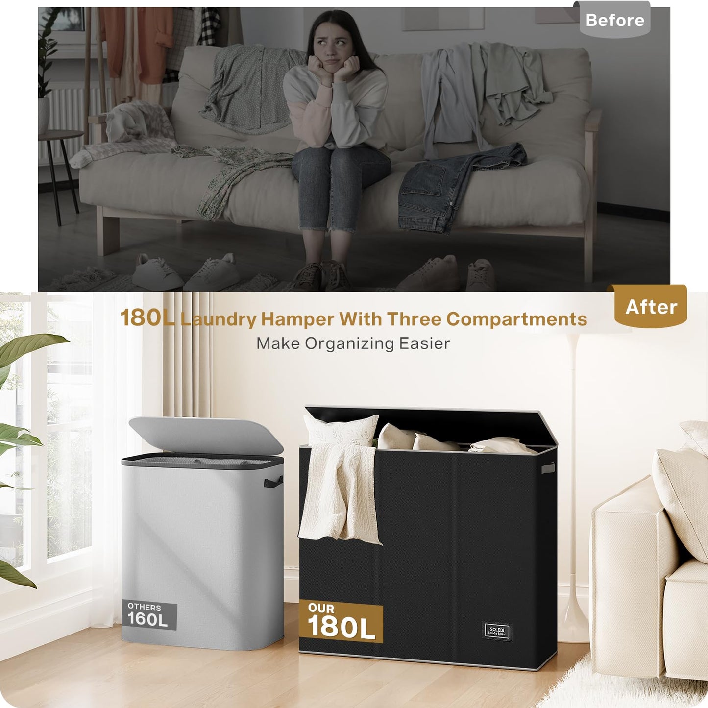 SOLEDI 180L Laundry Hamper 3 Section, Extra Large Laundry Hamper with Lid, Dirty Clothes Hamper with Sturdy Handle, Large Laundry Basket Organizer for Laundry Room, Bedroom, Hampers for Laundry-Black