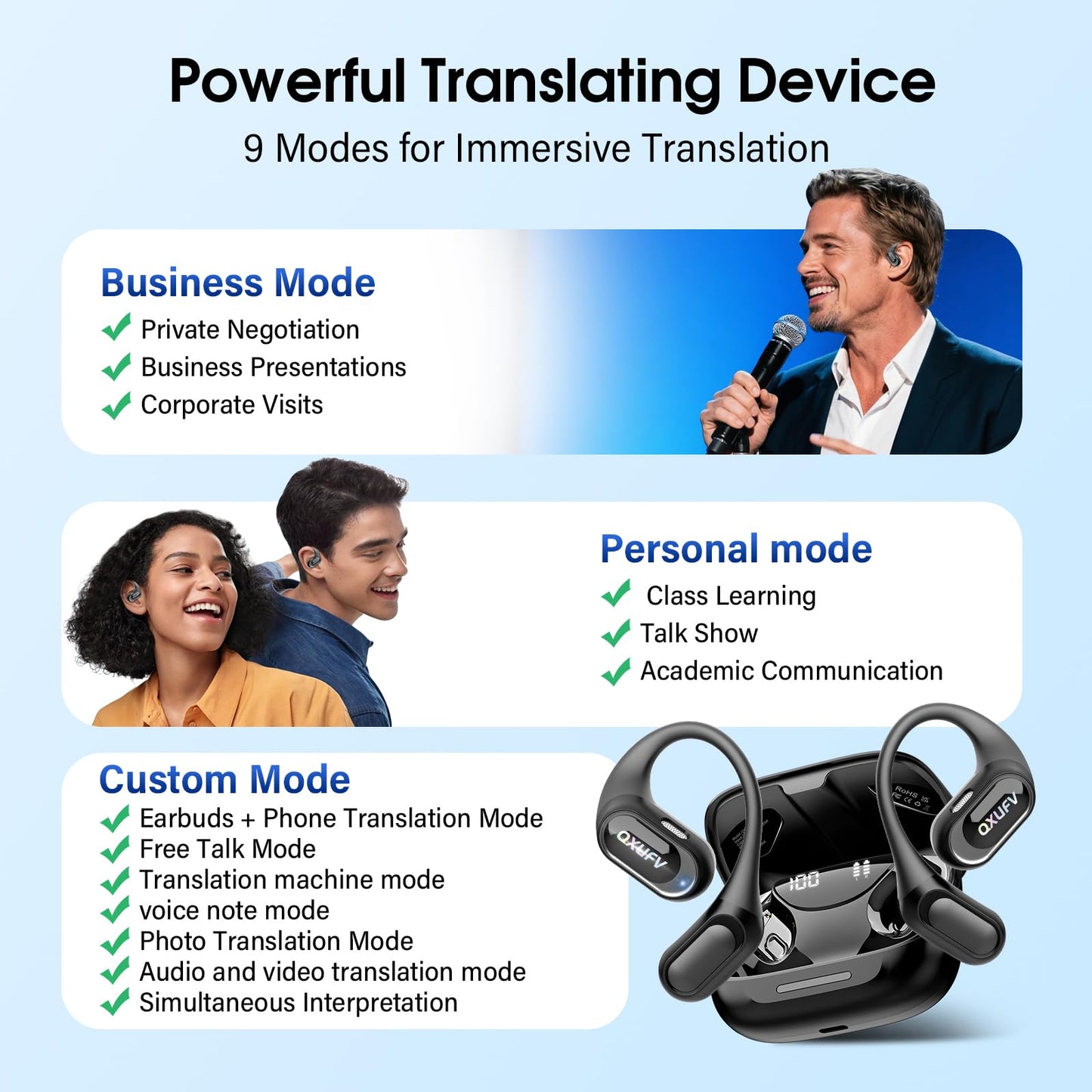 Ai Translation Earbuds Real Time with Audio and Video Calls, 3-in-1 Buletooth 5.4 Translator Earbuds with 6 Translation Modes/164 Languages/No Subscription Required (Onyx Black)