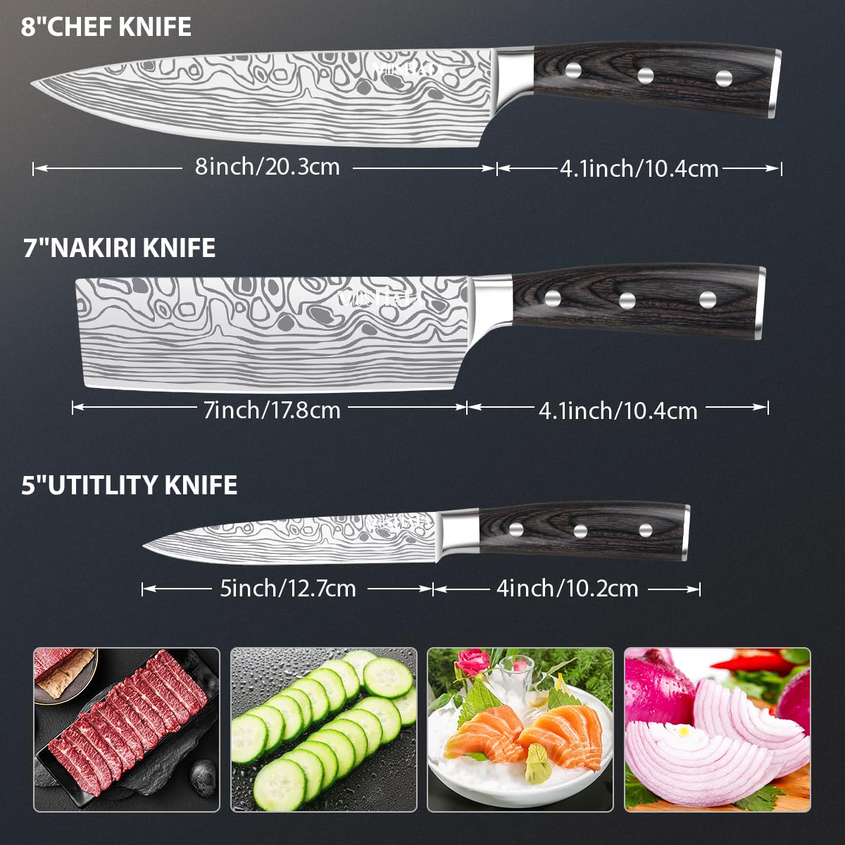 MOSFiATA Professional Chef Knife Set with German High Carbon Stainless Steel Kitchen Knife Set 3 PCS-8" Chefs Knife &7" Nakiri Knife&5" Utility Knife, Knives Set for Kitchen with Gift Box
