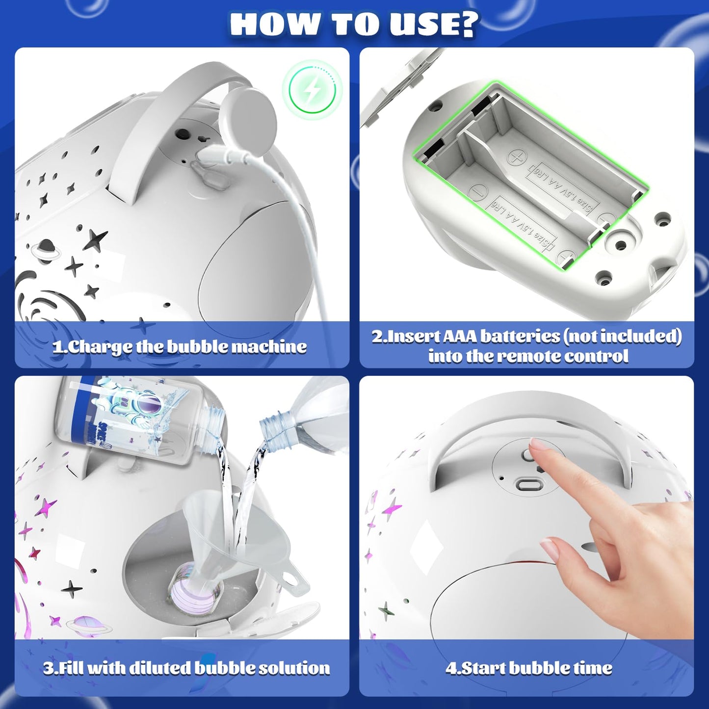 Rechargeable Bubble Machine - Auto 90°/360° Rotation, Remote Control and 7 Colors RGB LED Light, Bubbles Maker Toys for Kids, Bubbles for Wedding Parties, Boys Girls Easter Birthday and Xmas Gift