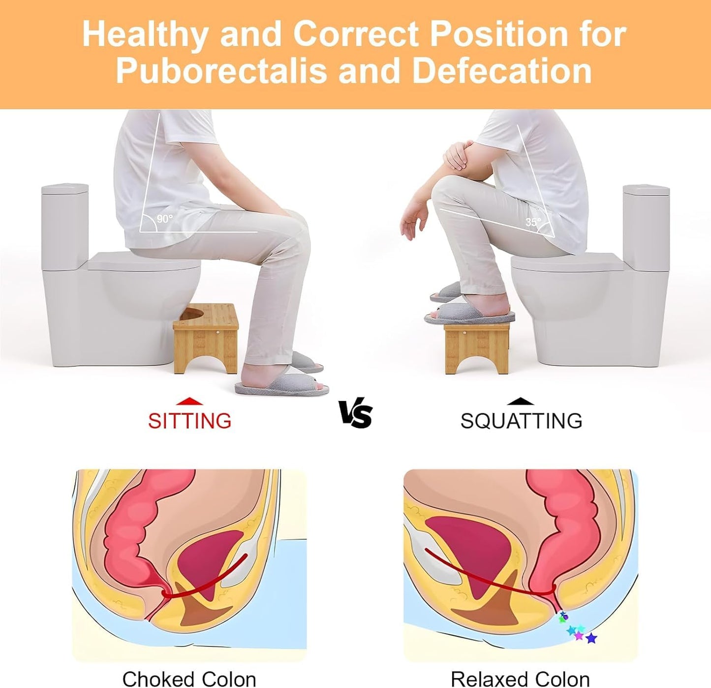 Foldable Bamboo Toilet Stool Squat Adult, Wooden Squatting Stool, 7 Inch Toilet Stool for Adults, Non‑Slip Wooden Poop Stool for Bathroom, Portable Foldable Toilet Foot Step, Suitable for All Ages