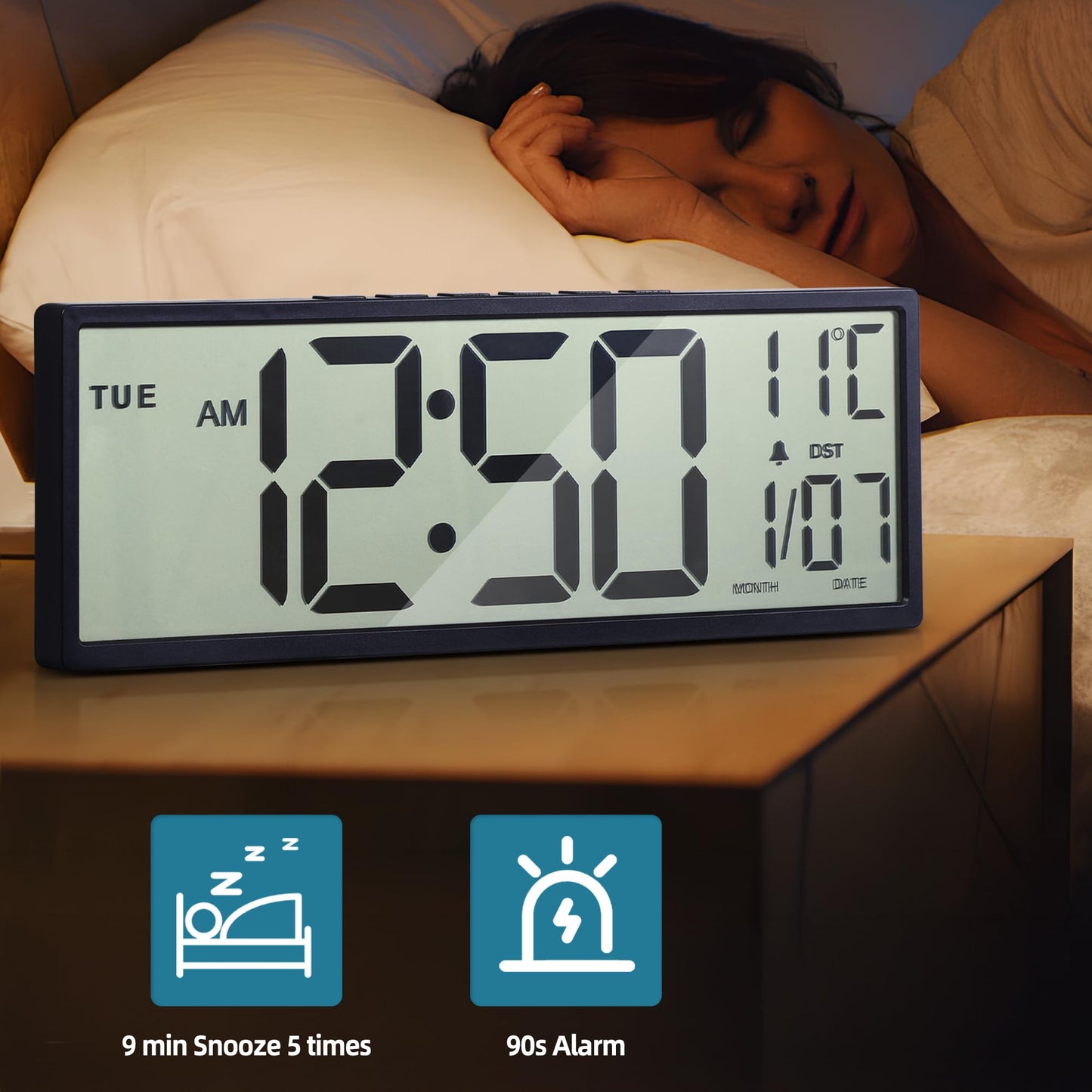 Henescribe Large Digital Wall Clock Battery Operated Black, Atomic Clock with Large Display Numbers, Calendar, Auto DST, Clocks for Living Room, Kitchen, Office, Bedroom
