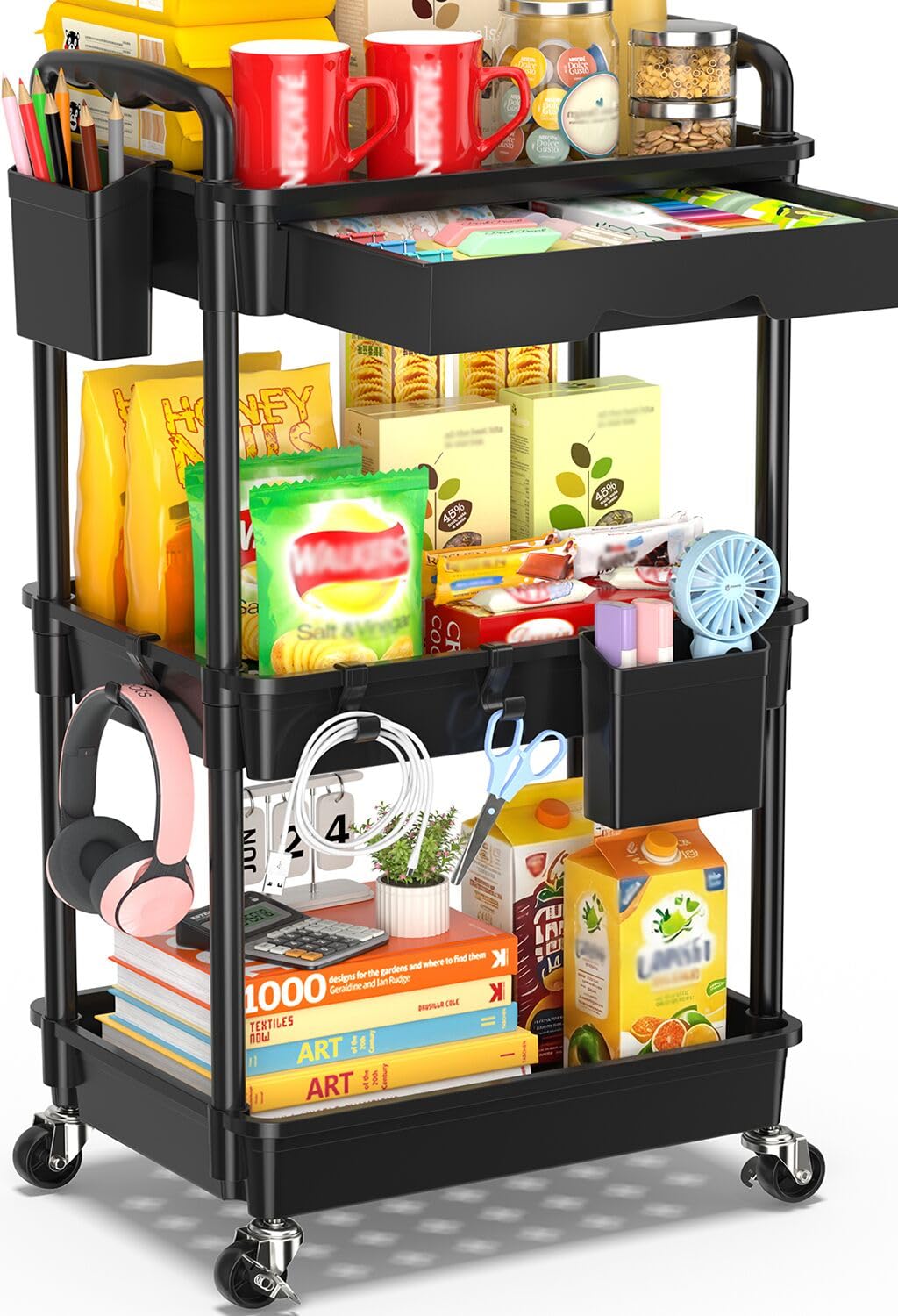 SUNALLY 3 Tier Rolling Storage Carts with Drawer, Storage Cart Organizer with Lockable Wheels Rolling Utility Organizing Cart for Bathroom Kitchen Bedside Art Craft Snack Makeup Lash Nail Baby, Black