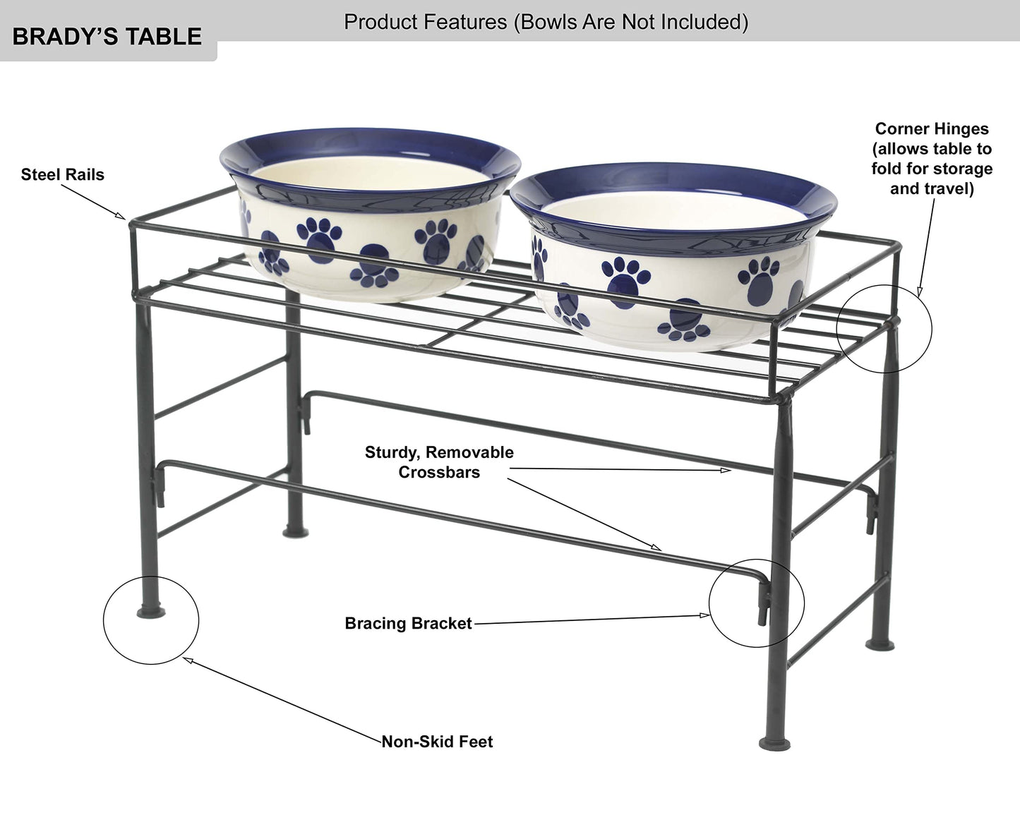 PetRageous 81032 Bradys Set The Table Steel Frame Dog Feeder, 10-Inch Tall by 20-Inch Long and 10-Inch Wide, Holds Two 9-Inch Diameter Bowls for Large and Extra Large Dogs, Black