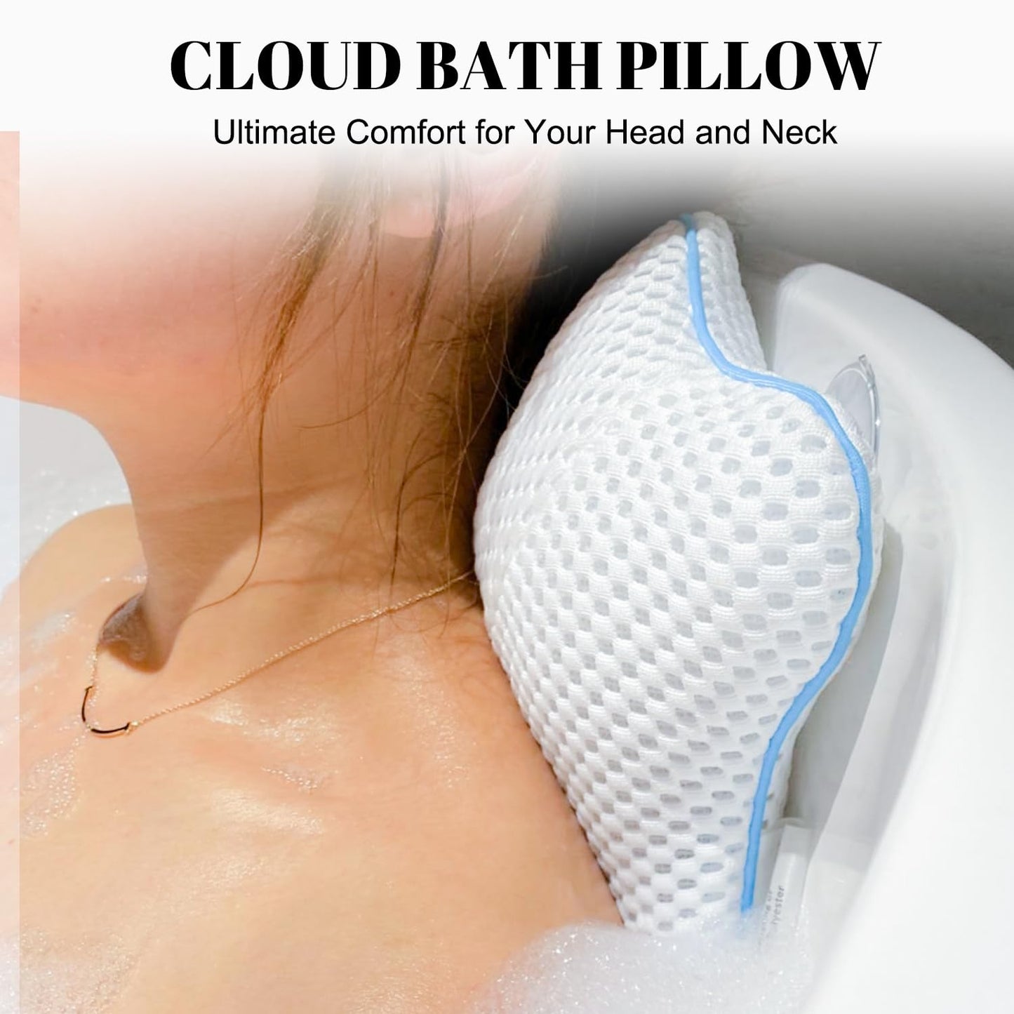 Non Slip Bath Pillow, Luxury Spa Bathtub Head & Neck Rest Support, Permeable Quick Drying Air Mesh Tub Pillow with 4 Large Suction Cups, Fits Any Tubs, Soft and Relaxing