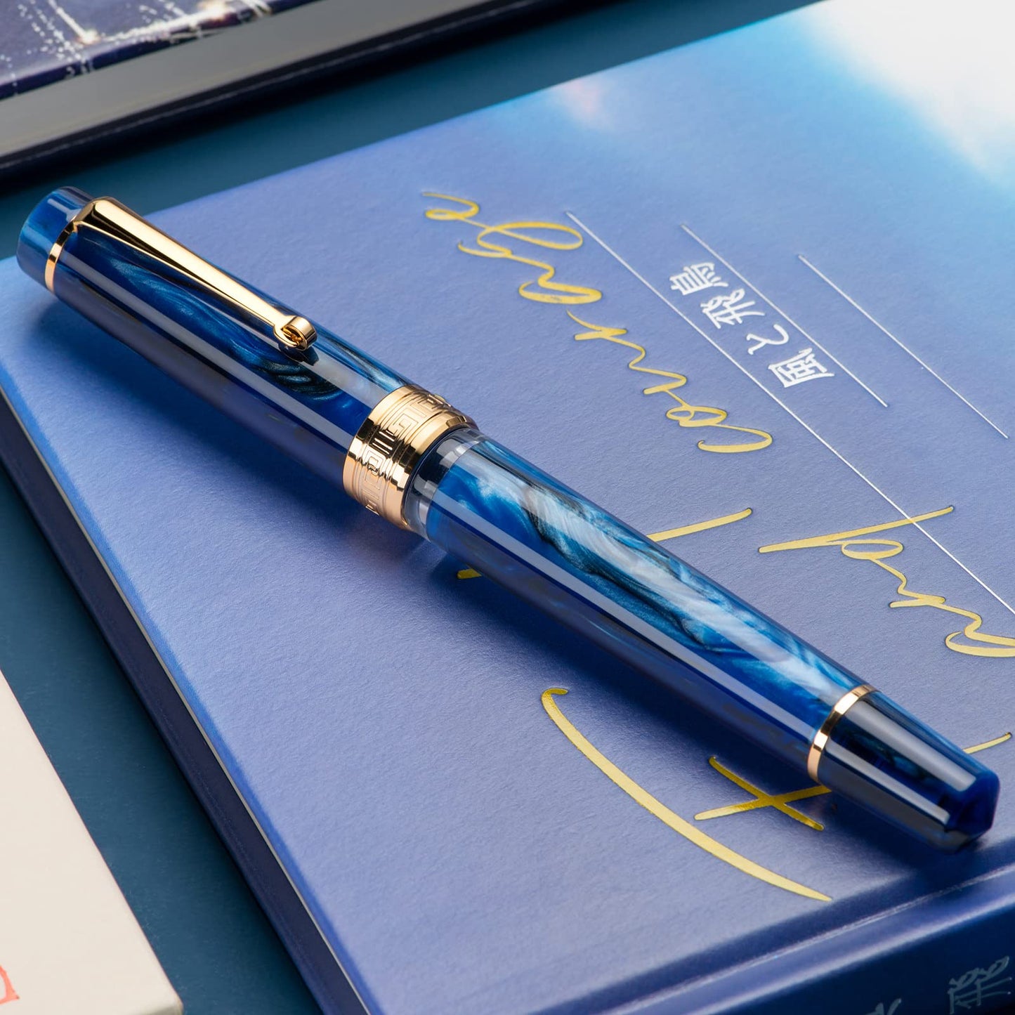 Asvine P20 Galaxy Blue Fountain Pen Piston Filling, Gold Plated Fine Point Smooth Writer with Pen Gift Case