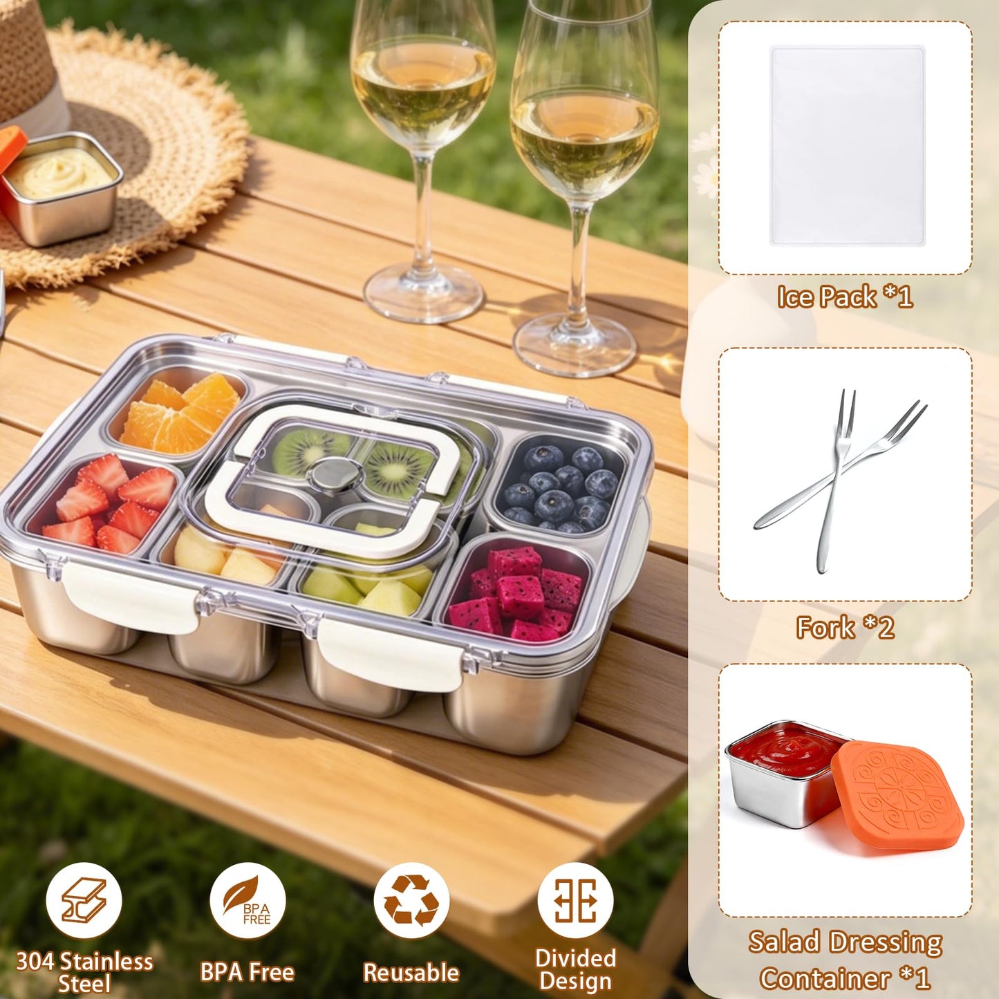 Qtencas Snackle Box Container with 8 Portable Removable Compartments, Ice Pack, Sauce Cup & Fork, Stainless Steel Divided Serving Tray with Lid and Handle for Road Trips Beach Camping