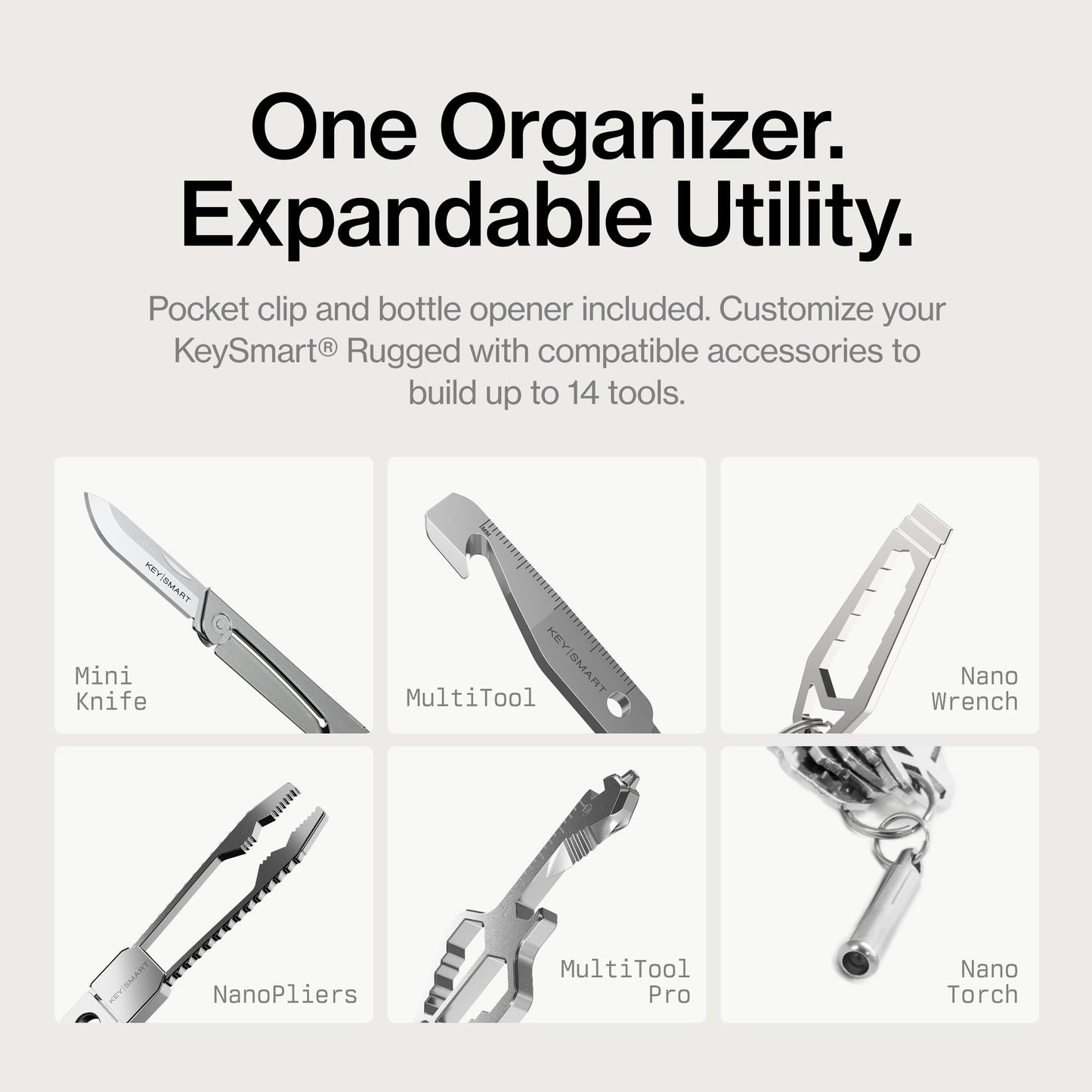 Keysmart Rugged - Multi-Tool Key Holder with Bottle Opener and Pocket Clip (Up to 14 Keys, Titanium)