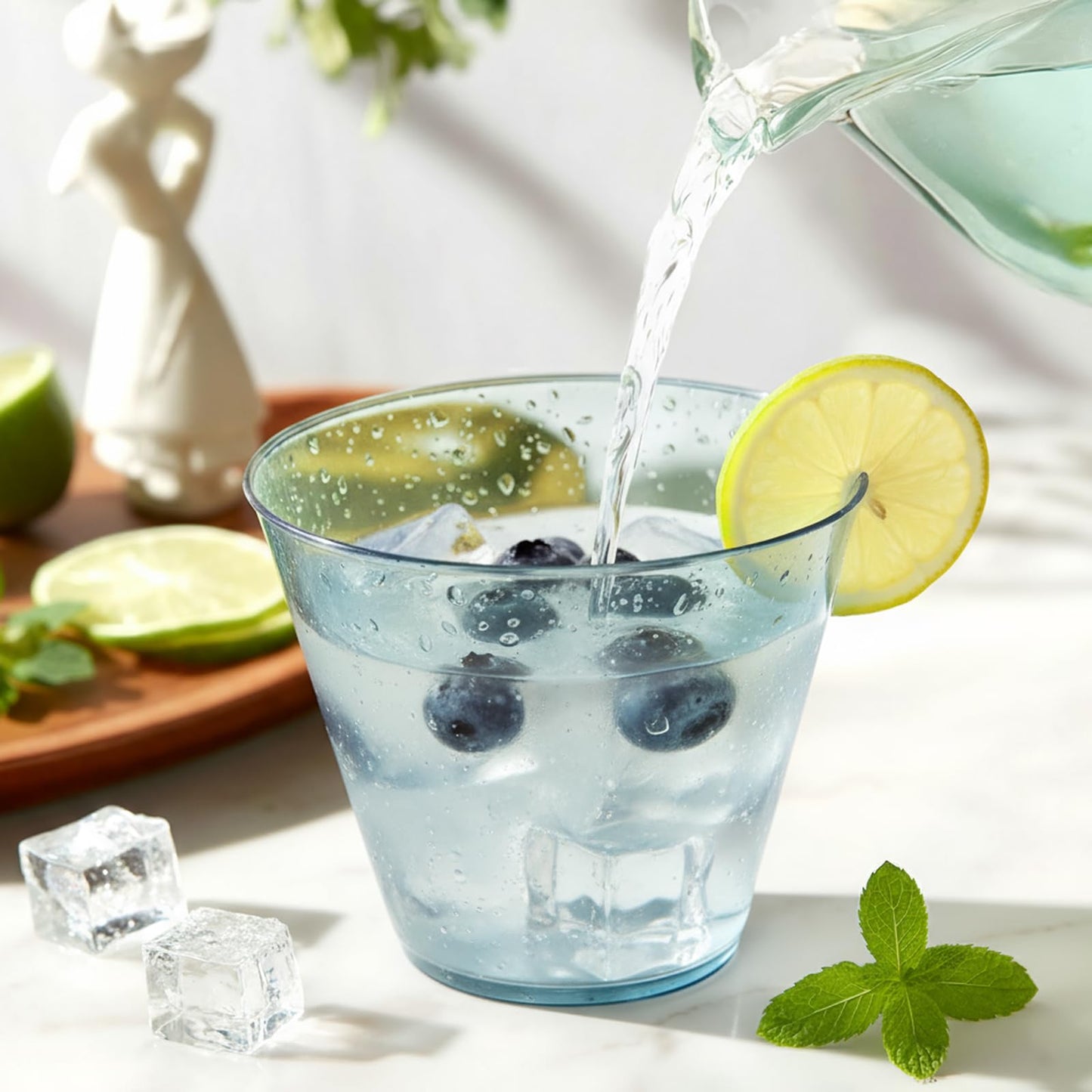 Glowserve 9 oz Clear Plastic Disposable Cups 150 PCS Blue Drinking Glasses for Cold Water Sturdy Plastic Tumblers for Cocktails Cups Bulk for Wedding Thanksgiving Christmas Party