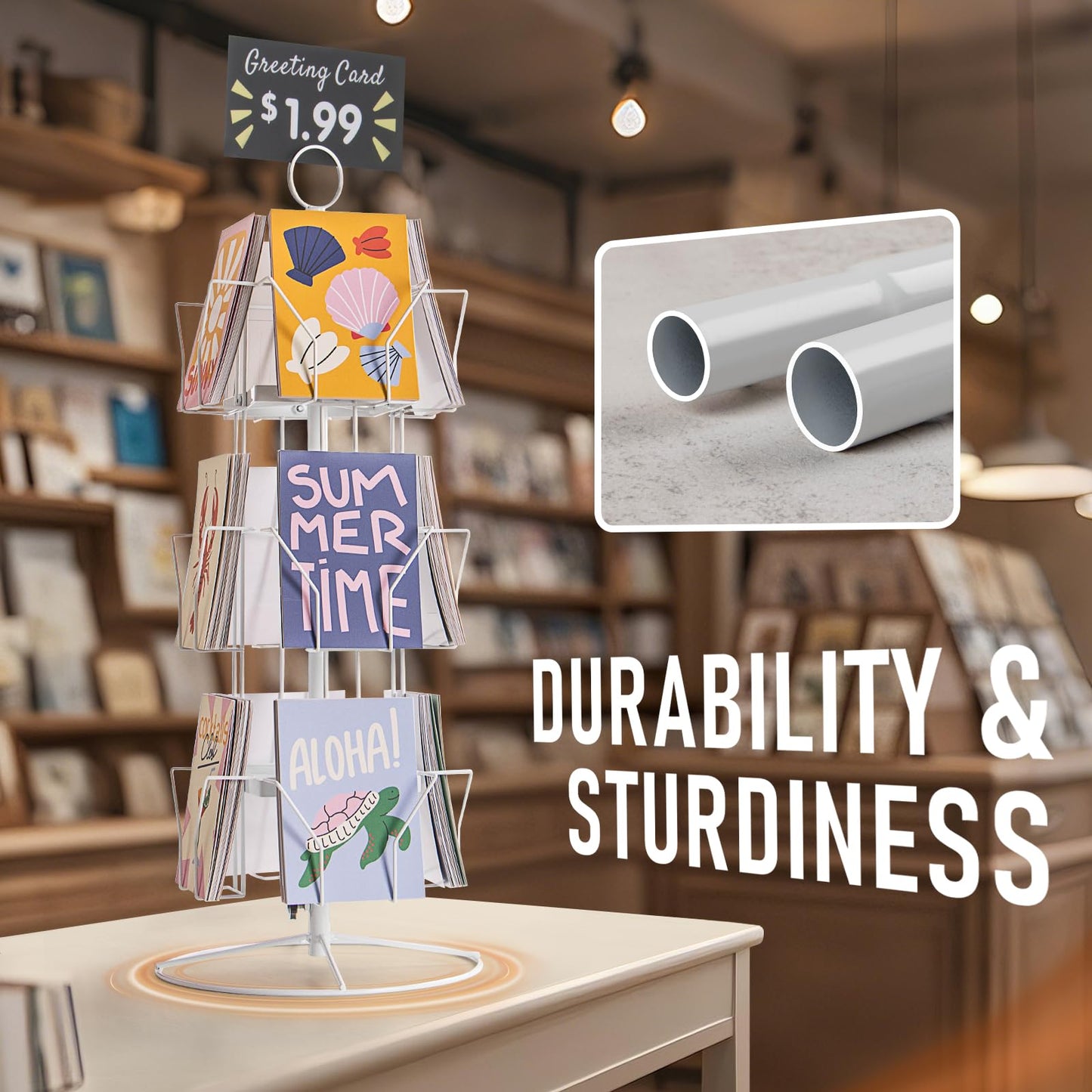 Greeting Card Display Stand Rotating Rack Holder, for Postcard Sticker Retail, Metal White