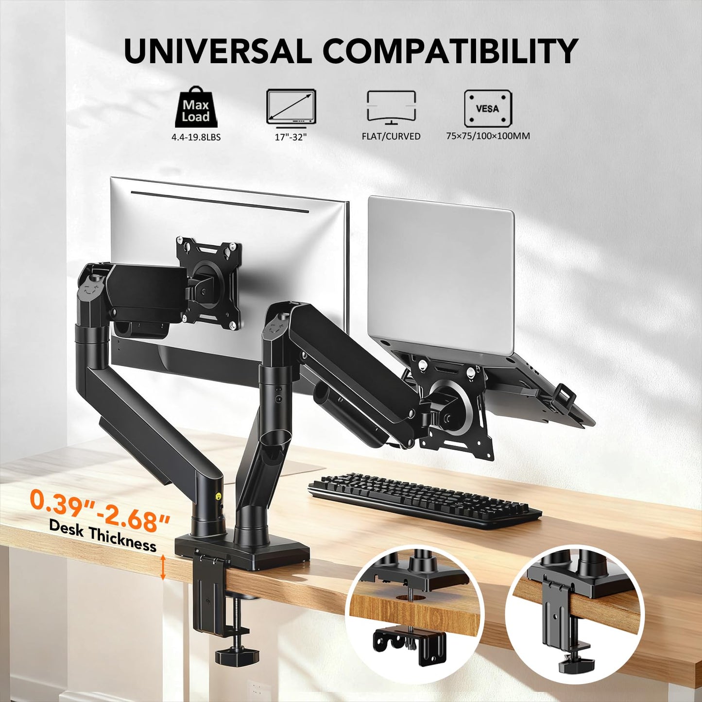 Hemudu Dual Monitor Arm Full Motion Adjustable Monitor Mount Desk Stand for 17″–32″ Computer Screens, VESA 75x75/100x100 with C-Clamp&Grommet Aluminum Base, Each Arm Holds 4.4 to 20lbs HD09B-201