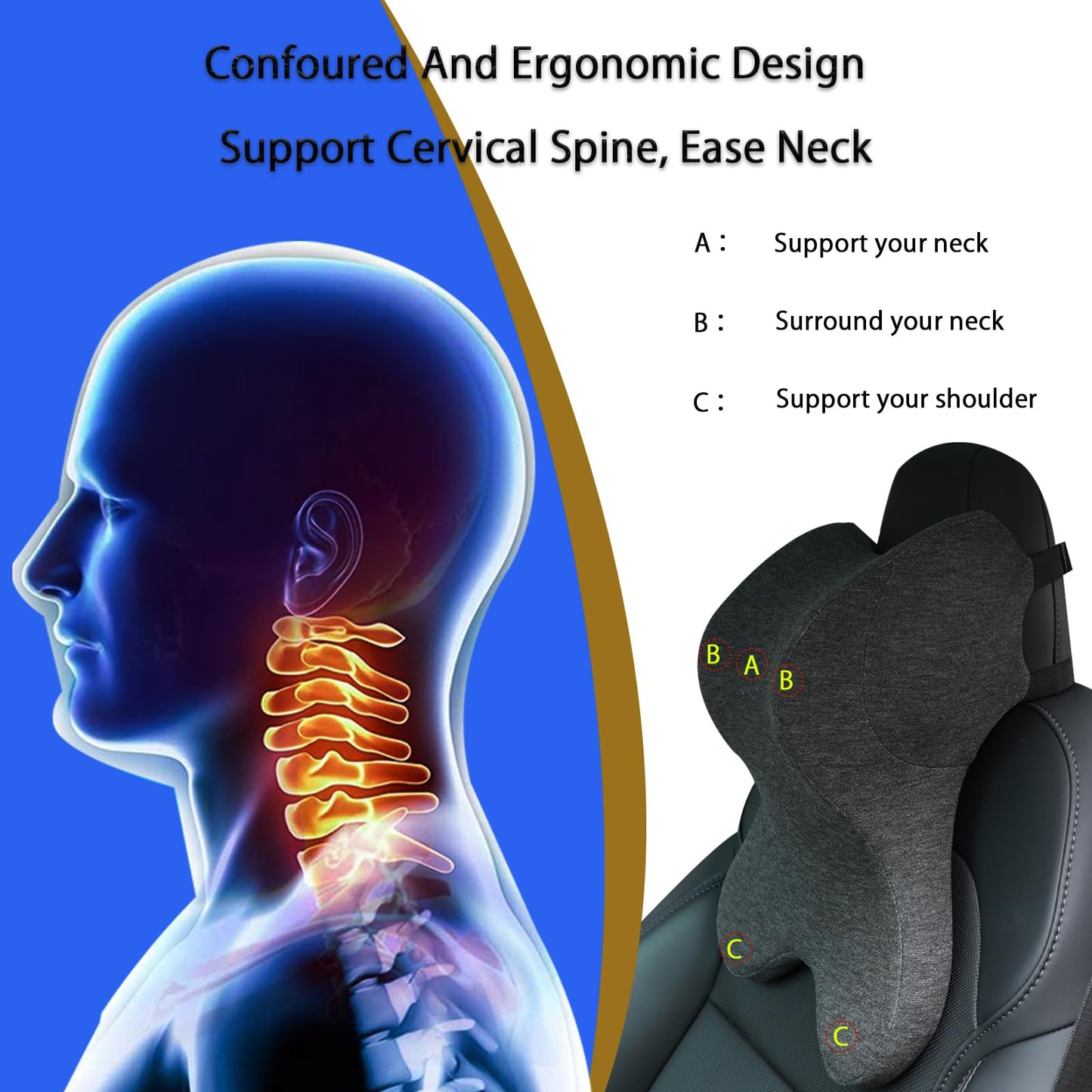 Car Neck Pillow for Driving Gaming Chair Headrest Pillow Office Chair Neck Pillow Ergonomic Design Double Straps Design Suitable for Different Heights