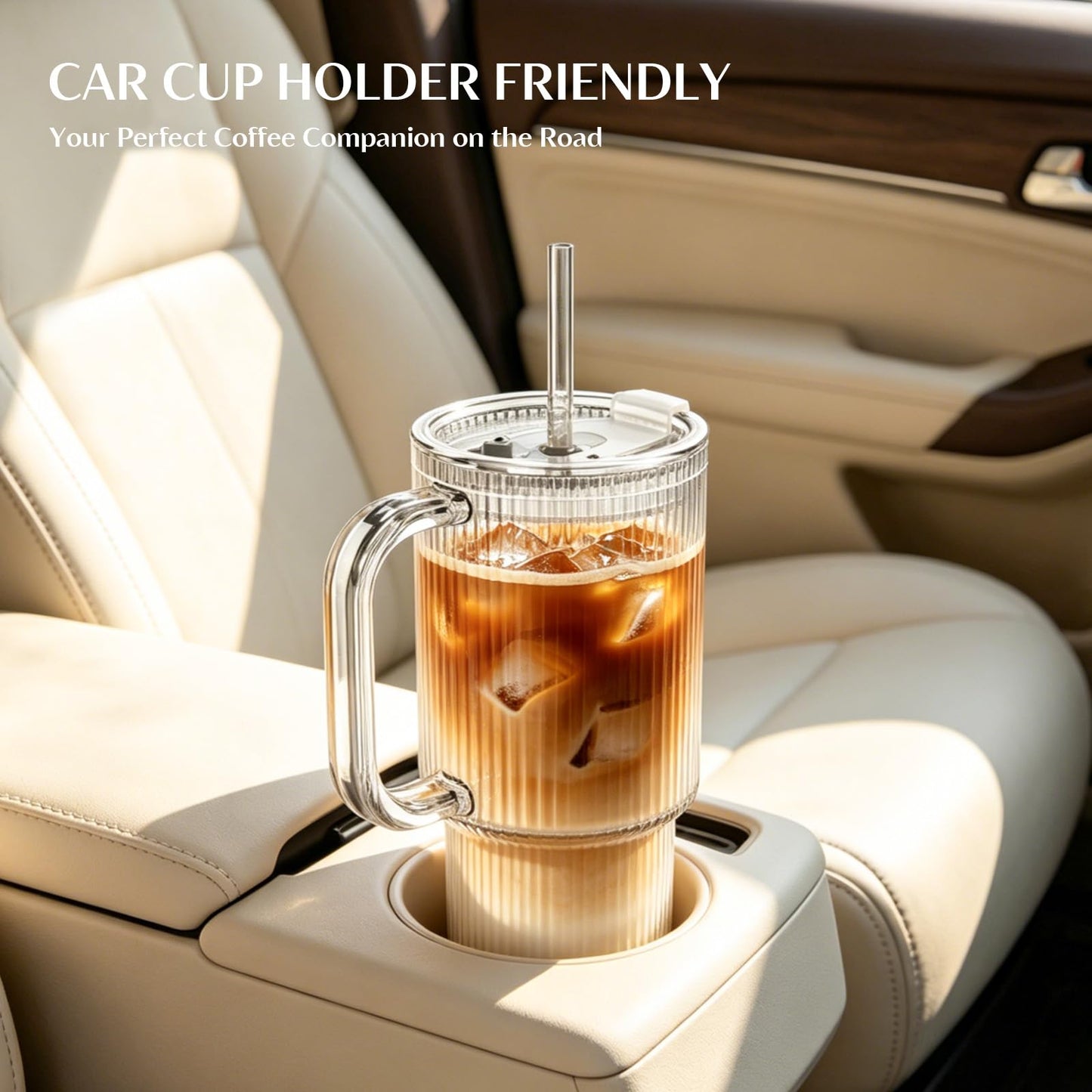 INSETLAN 26oz Ribbed Glass Tumbler with Handle & Lid – 2-Pack Large Iced Coffee Cups with Straws, Modern Glass Mug for Cold & Hot Beverages, Aesthetic Travel Cup for Smoothies, Tea, and Juice