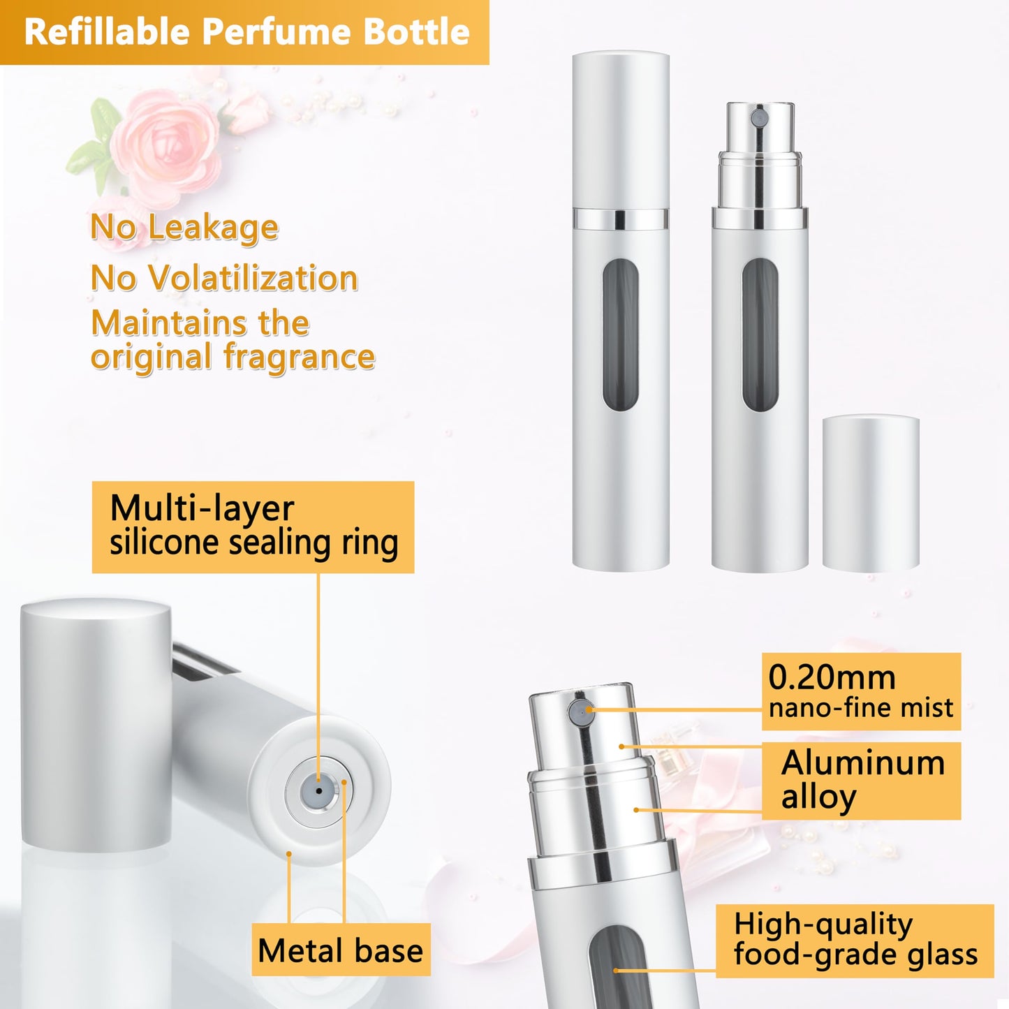 Travel Perfume Refillable Bottle Atomizer - 3-Pack 8ML ANTOKX Pocket Perfume Atomizer, Leakproof Perfume Bottle (Black & Gold & Silver)