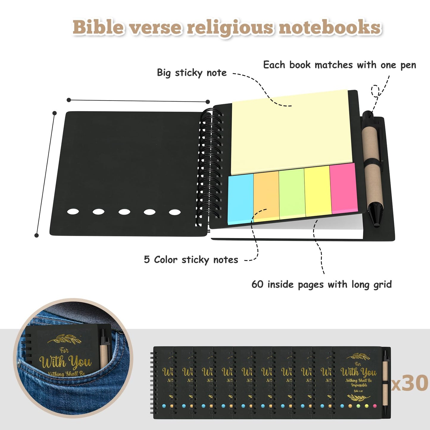 HochoLii 30 Pack Spiral Notebooks with Pens,Notebook in Bulk with Positive Words, Bulk Christian Gifts,Coworker Gifts,Prayer Journal,Small Gifts,Black
