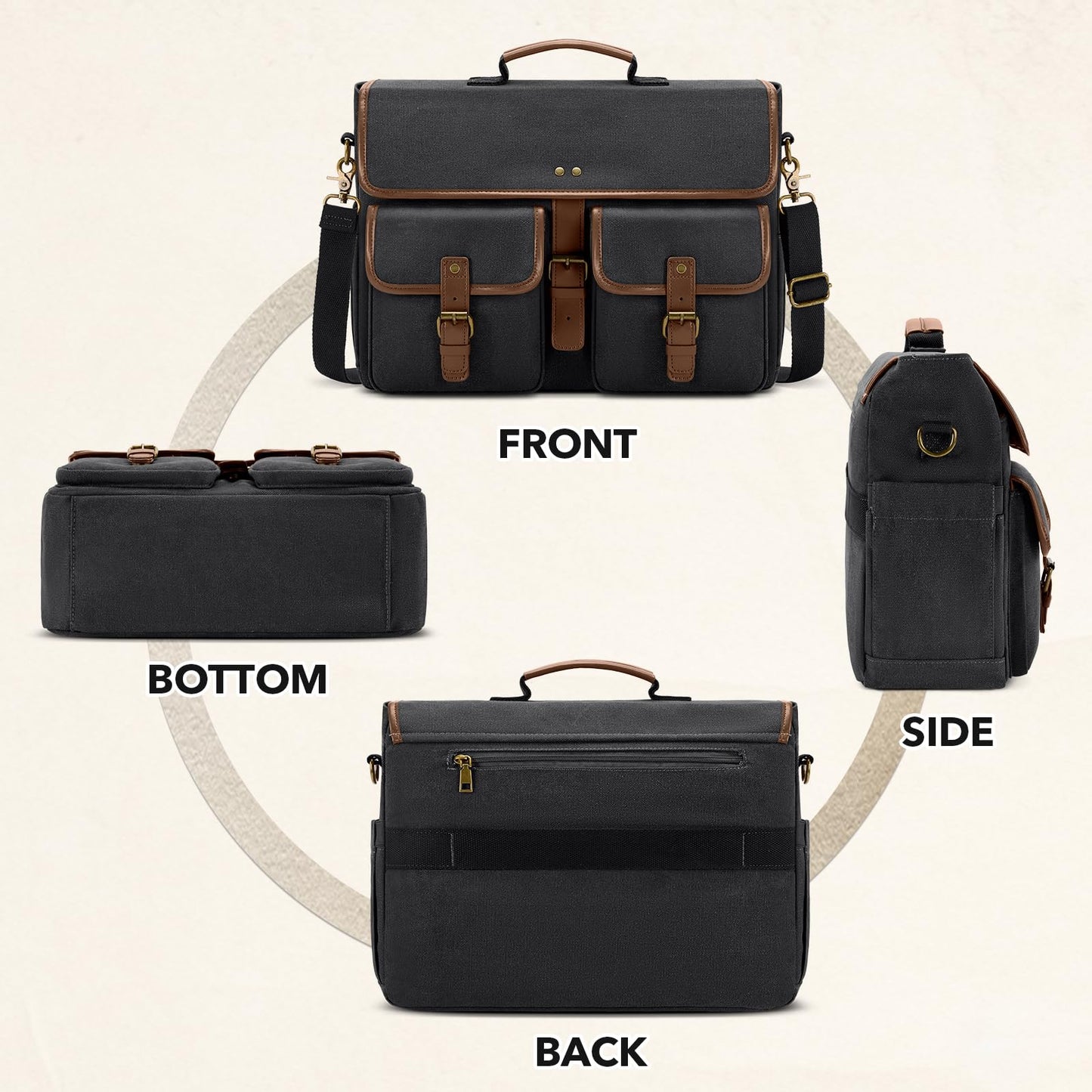 RAINSMORE Messenger Bag Men Canvas 15.6 Inch Computer Laptop Bag Waterpfoof Satchel Bags for Men Work Office, Black