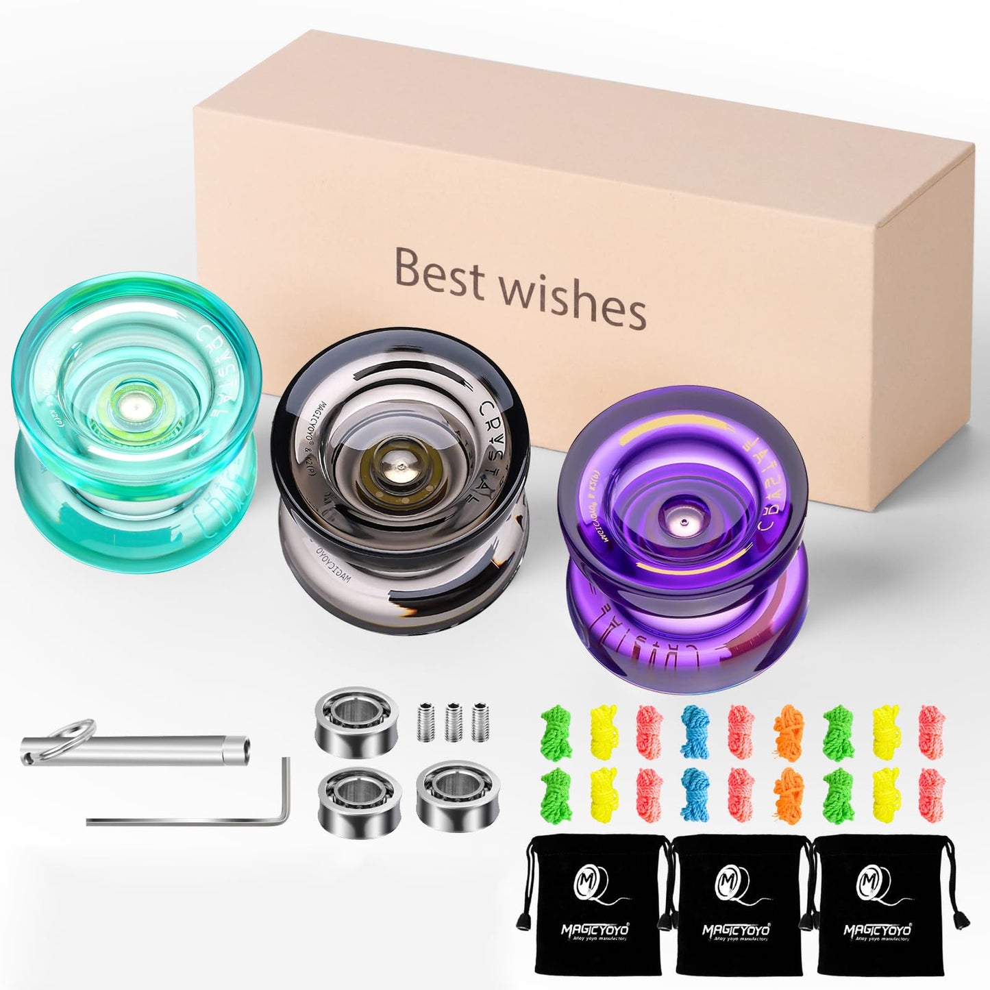3 Pack of Yoyo K2 Crystal, Responsive Yoyos for Kids Beginner, Dual Function Yoyos with Replacement Unresponsive Yoyo Bearings for Advanced Player+Bearing Removal+18 Yoyo Strings+3 Bags