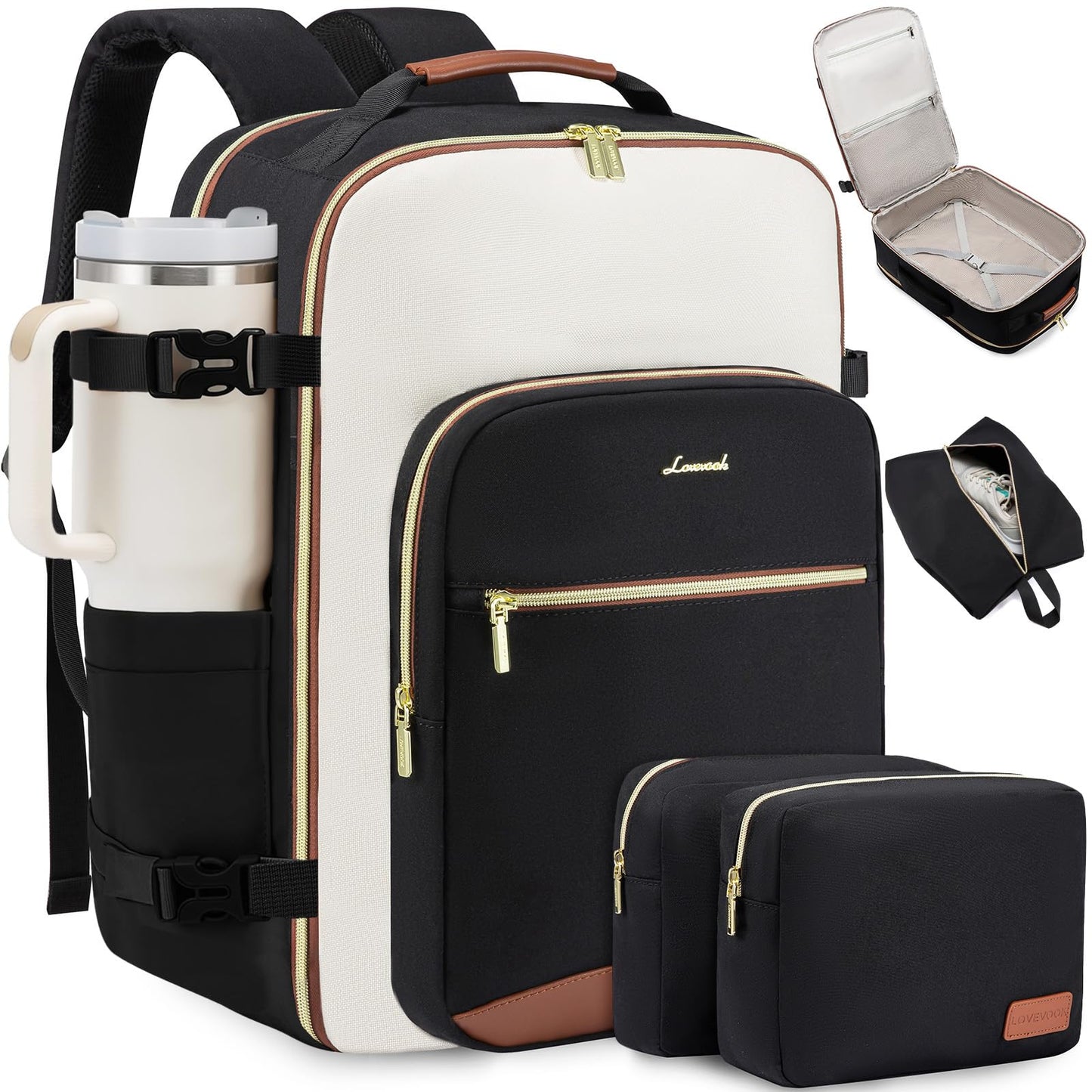 LOVEVOOK Large Travel Backpack for Women & Men, 40L Carry on Backpack for Airplanes, Travel Bag fits 17" Laptop, Waterproof Travel Essentials Airline Approved with 3 Packing Cubes, Black-beige-brown