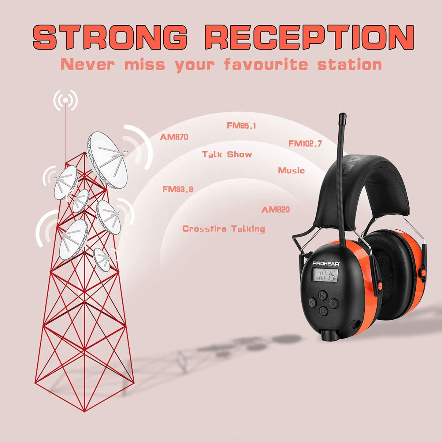 PROHEAR AM FM Digital Ear Protection 25dB NRR Audio Headphones, Noise Reduction Hearing Protection Earmuffs for Lawn Mowing, Workshops, Snowblowing Indoor Outdoor Construction Work - Orange